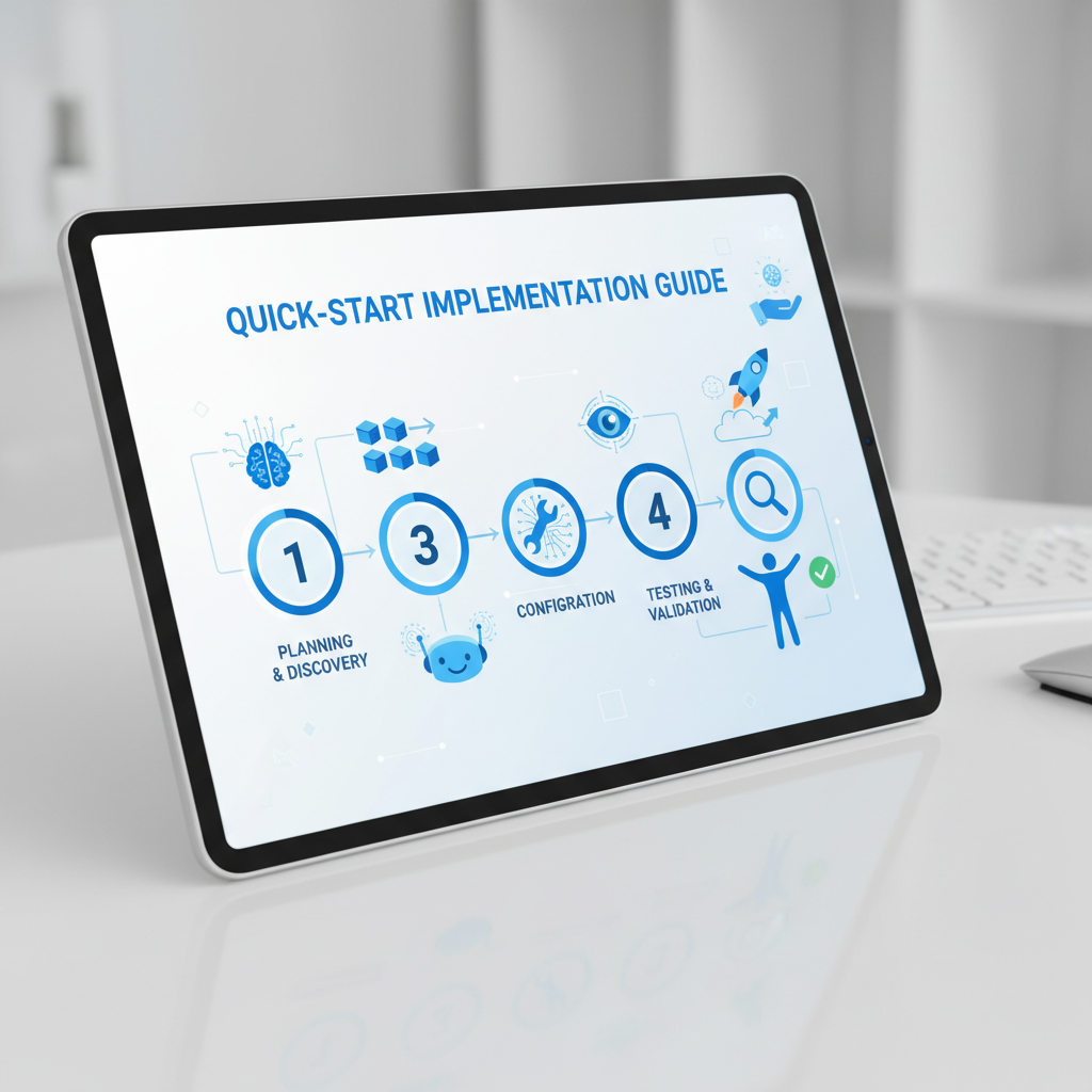 A tablet displaying a 'Quick-Start Implementation Guide' with a four-step process: Planning & Discovery, Configuration, Testing & Validation, and Final Check, illustrated with icons like a brain, boxes, a bug, an eye, a rocket, and a person with a checkmark.