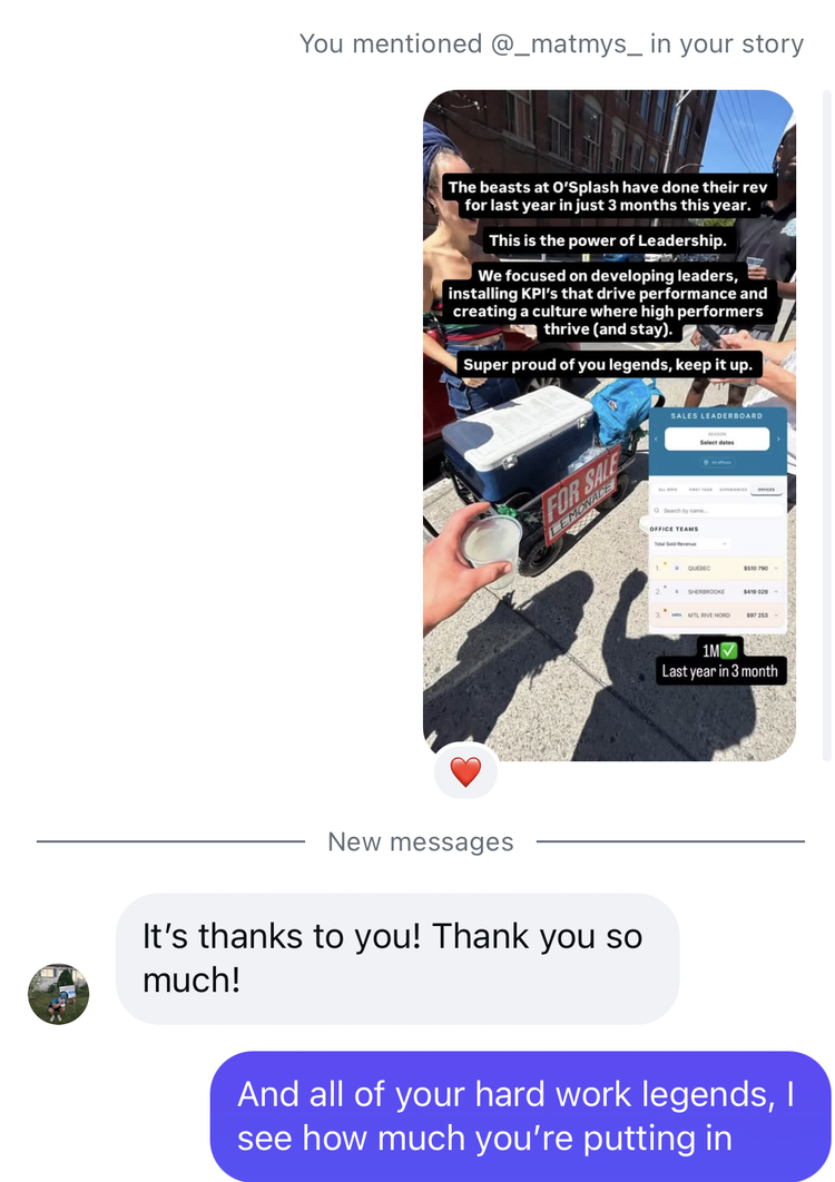 Client message thanking Dylan for the results of his hard work