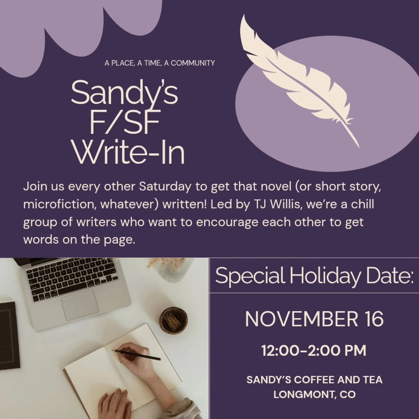 Are you a #fantasy #writer in the Longmont area? Come join us every other Saturday at noon for some community and #writing accountability! Were a chill group who want to get words on the page! We meet at @sandyscoffeeandtea 

#writingcommunity #coffe