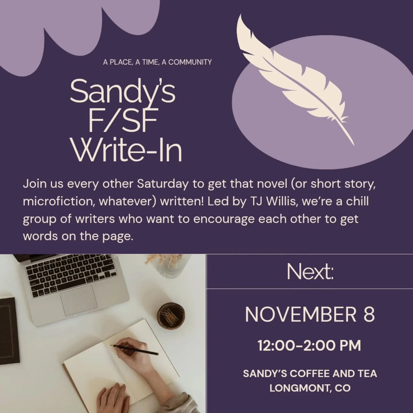 Are you a #fantasy #writer in the Longmont area? Come join us every other Saturday at noon for some community and #writing accountability! Were a chill group who want to get words on the page! We meet at @sandyscoffeeandtea 

#writingcommunity #coffe