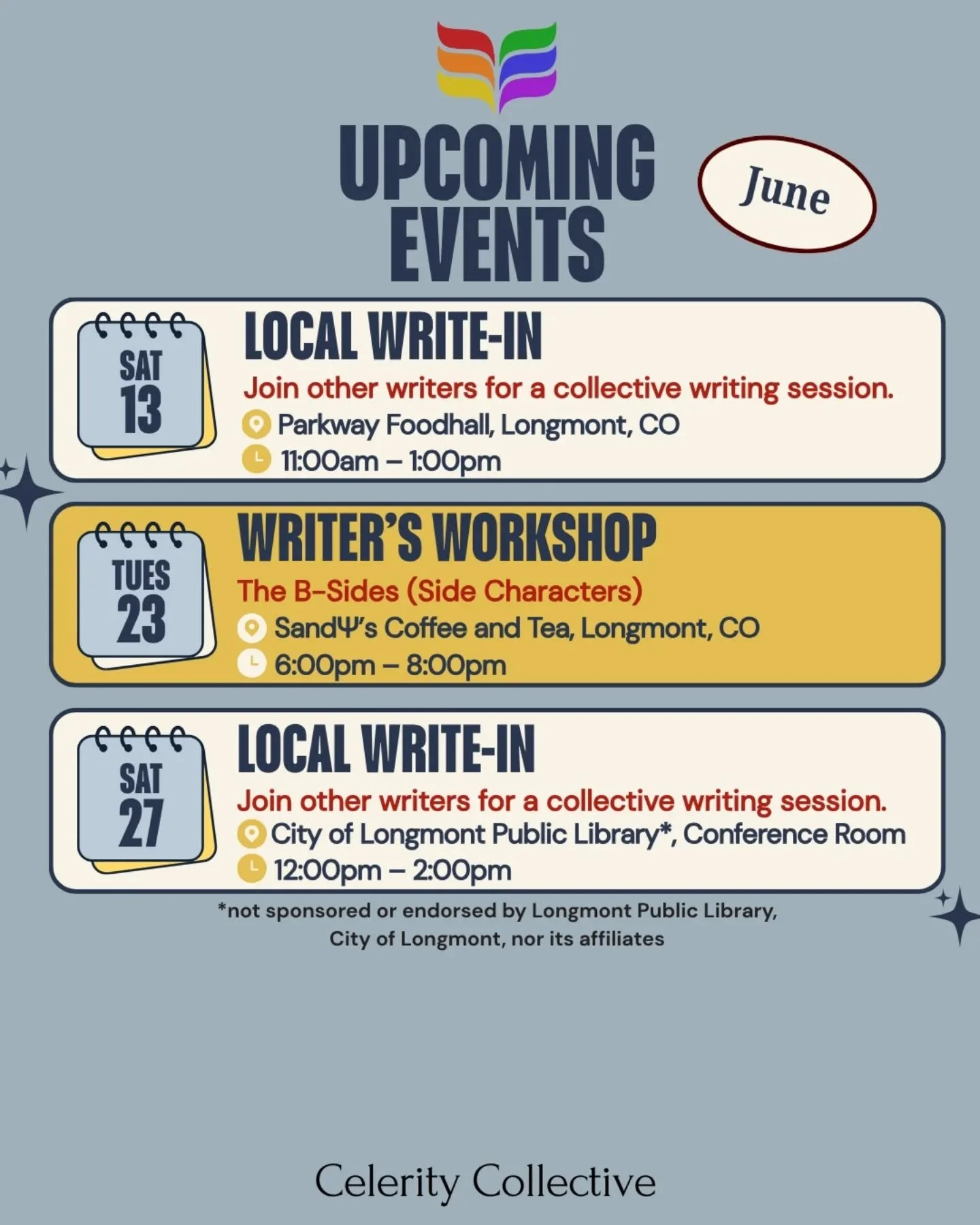 Happy June!☀️

Every month, Celerity will post upcoming sponsored writing events, along with recent and upcoming book releases.📚

🏳️&zwj;🌈🏳️&zwj;⚧️Queer, neurodivergent, or disabled indie author with a recent or upcoming release and want to be in