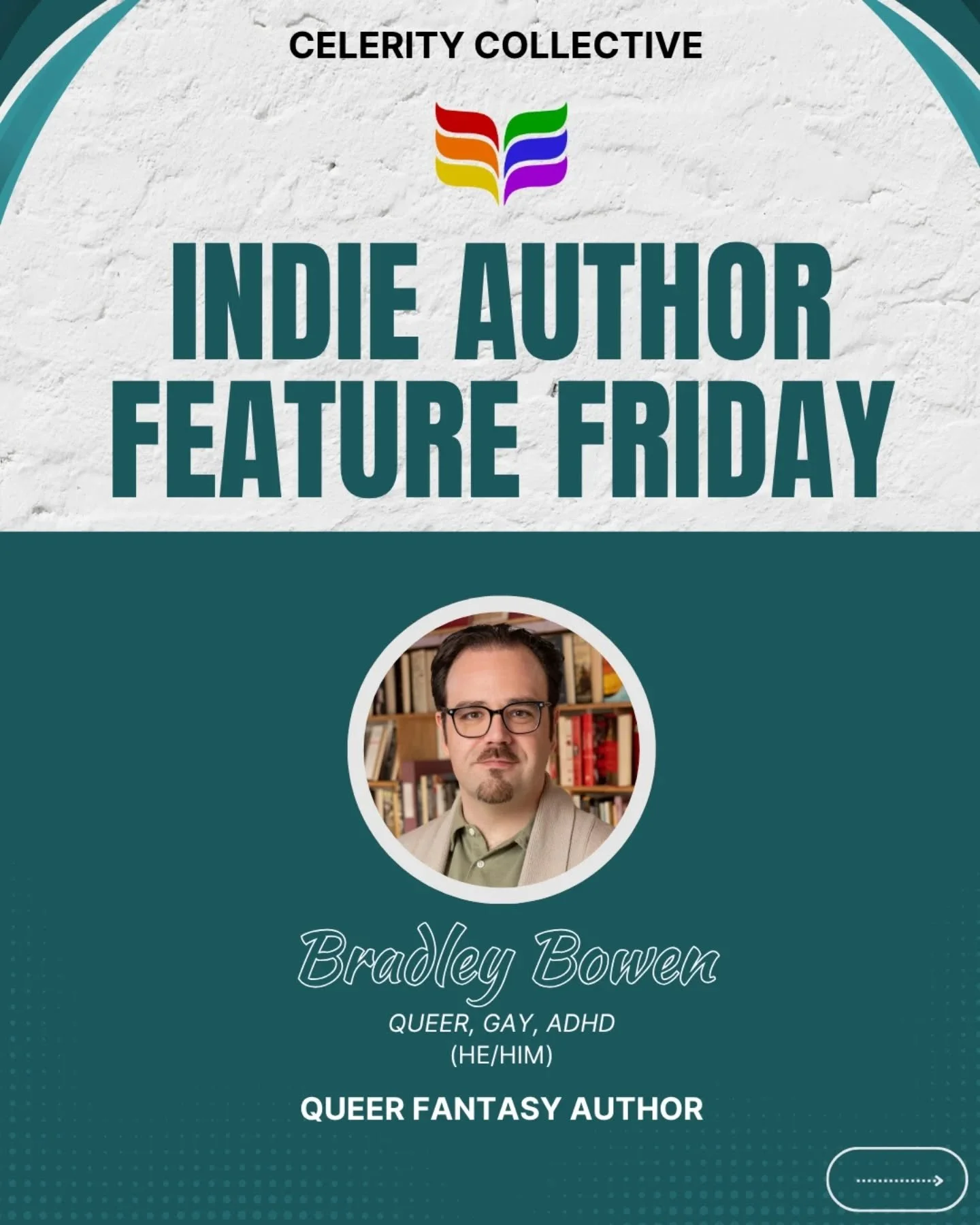 It's #CelerityFeatureFriday, and we have @bradleybowen 🎉

📚His queer fantasy novel, Crystals of Ultra, will be releasing December 4th, 2026. Scroll through the slides to learn more about him and his book.

👉Are you a queer, neurodivergent, or disa