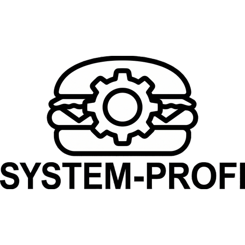 Logo mit einem Burger, einem Zahnrad und dem Text 'SYSTEM-PROFI' darunter.