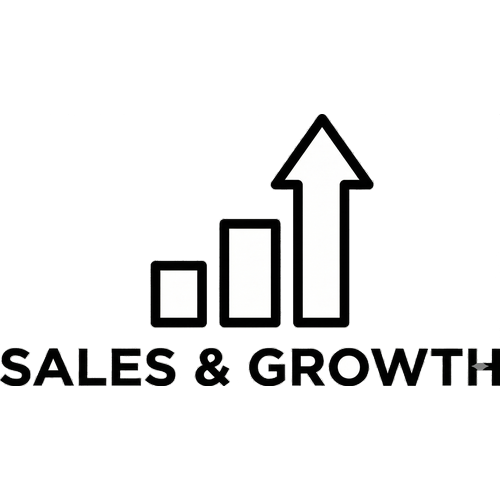 Grafik mit steigenden Balken und Pfeil, darunter der Text 'SALES & GROWTH' auf schwarzem Hintergrund.