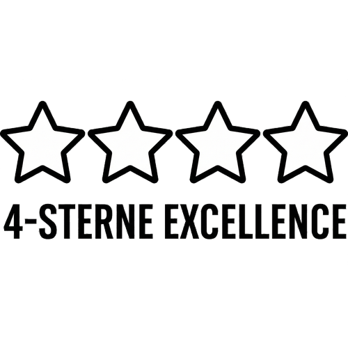 Ein Bild mit vier schwarzen Sternen, die jeweils einen weißen Stern umrahmen, und darunter der Text "4-Sterne Exzellenz".