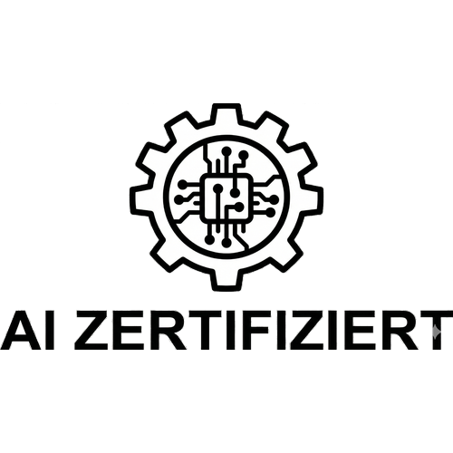 Ein Logo mit einem Zahnrad, das ein kreisförmiges Design mit elektronischen Schaltkreisen enthält, und der Text 'AI ZERTIFIZIERT' darunter.