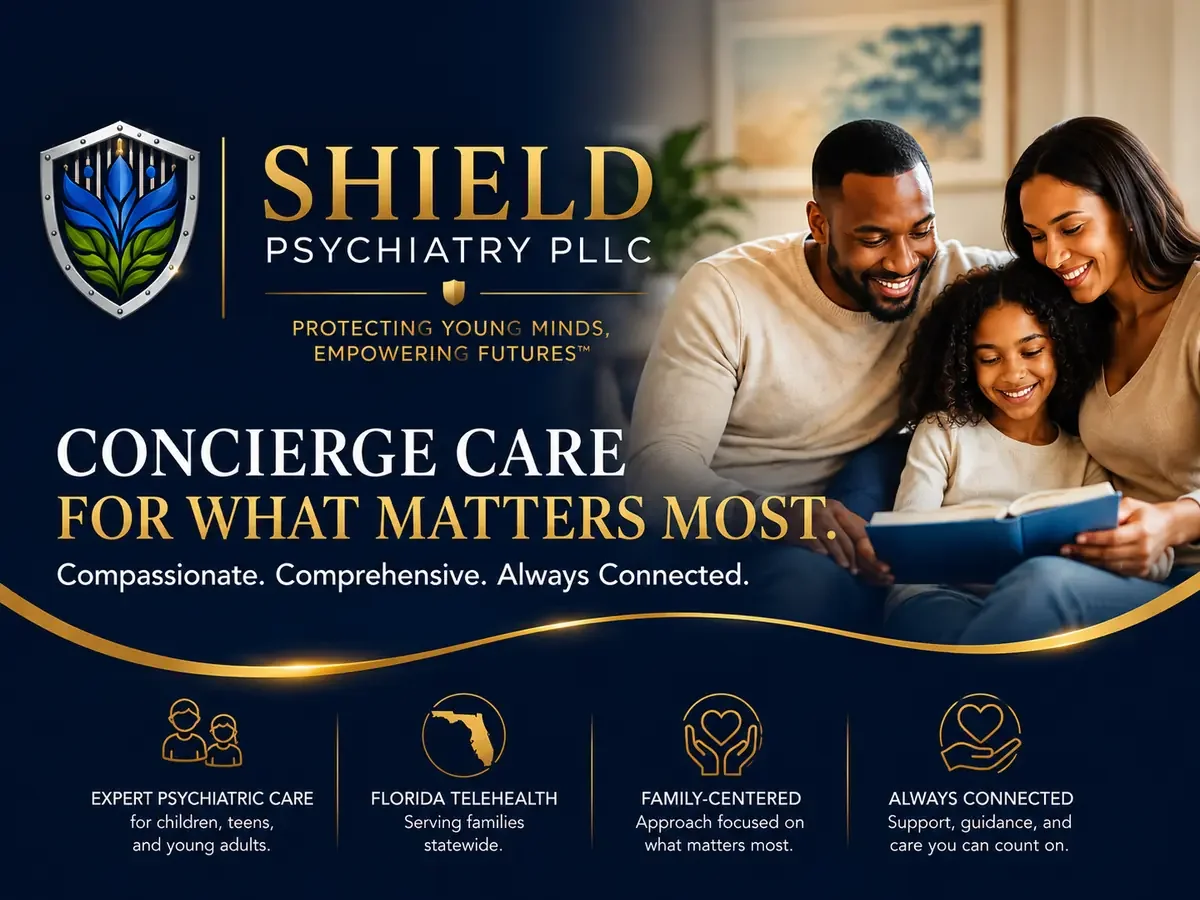 About SHIELD Psychiatry header featuring compassionate child, adolescent, and young adult psychiatric care with personalized Florida telepsychiatry services.