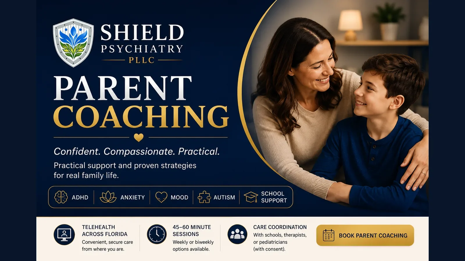 Header for the SHIELD Psychiatry parent coaching page representing compassionate family support, positive parenting strategies, and collaborative mental health care for children and teens.