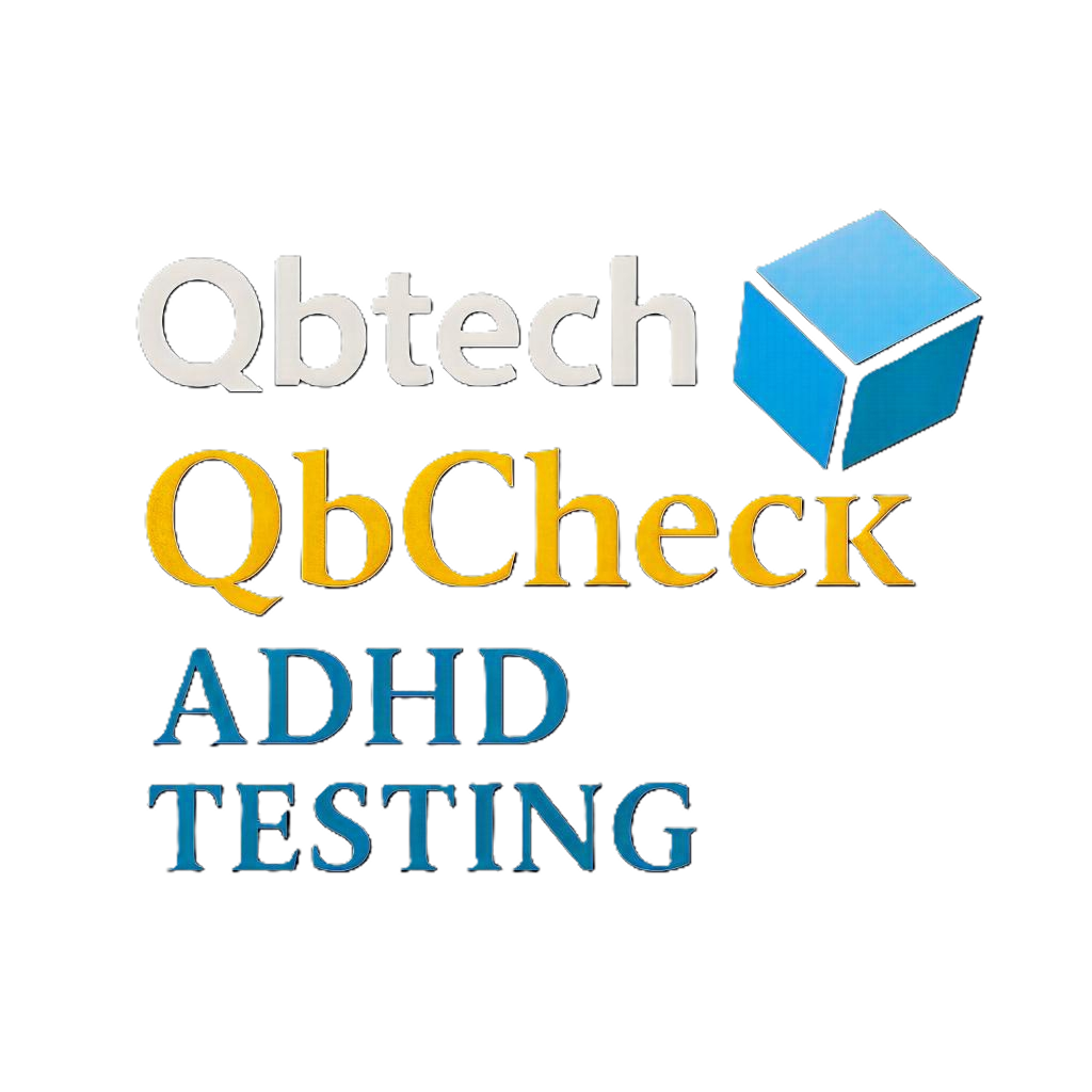 Logo with the text 'QbCheck ADHD Testing' and a blue cube.