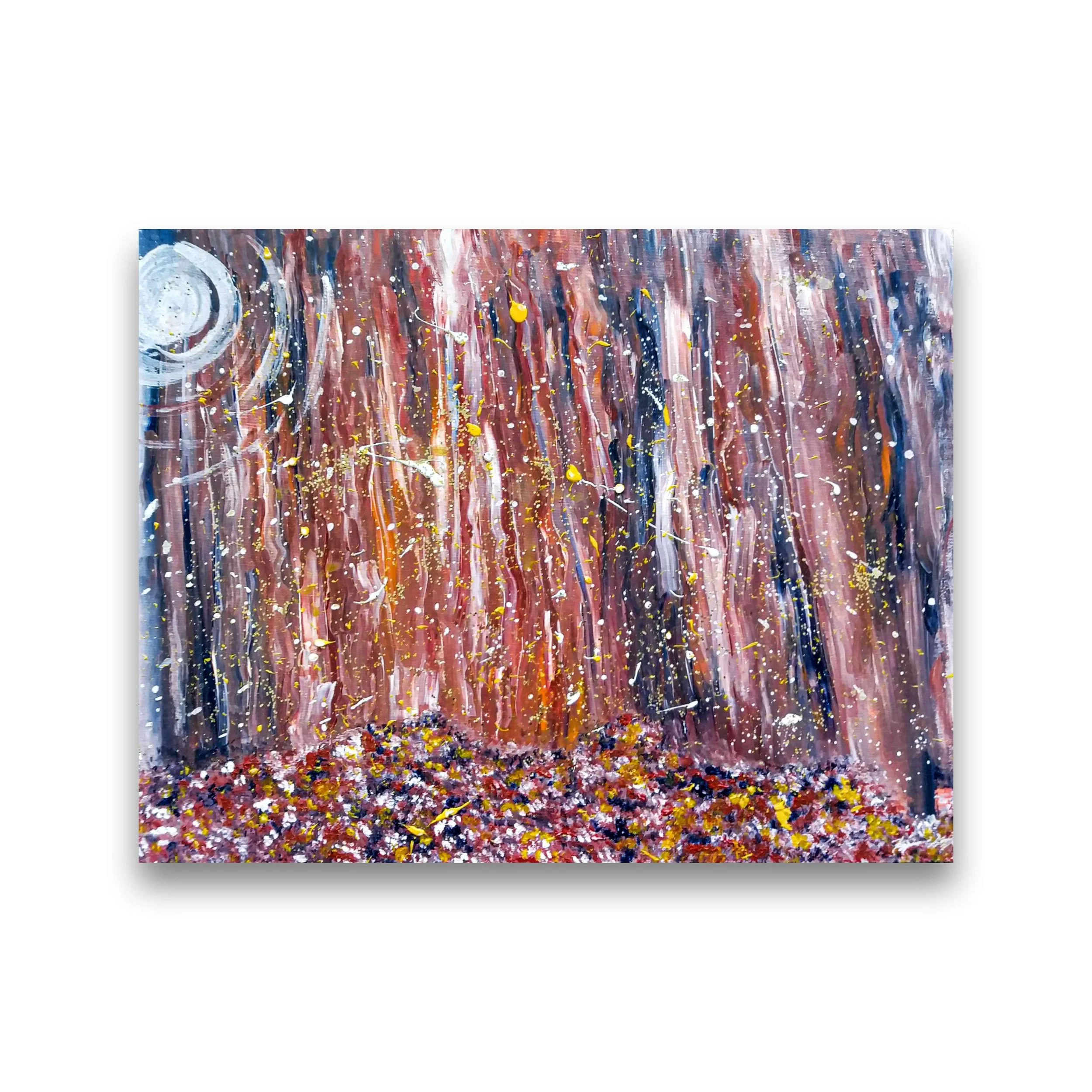 Abstract painting with swirling colors and circular motifs