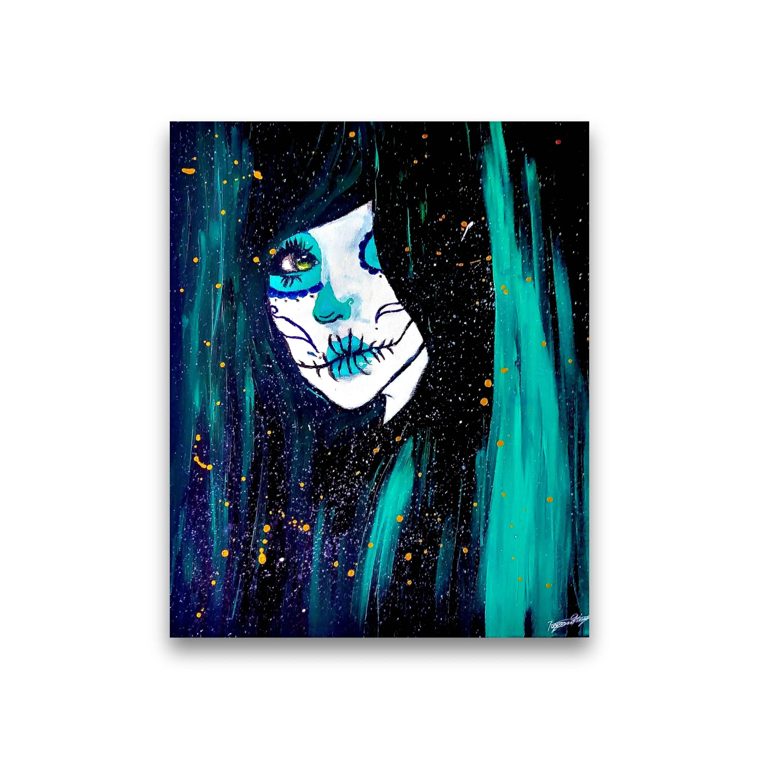 Abstract painting of a person with teal and black hair, white face with blue nose and lips, dark eye makeup, and stitched mouth. The background is a mix of dark blue and teal with orange splatters.