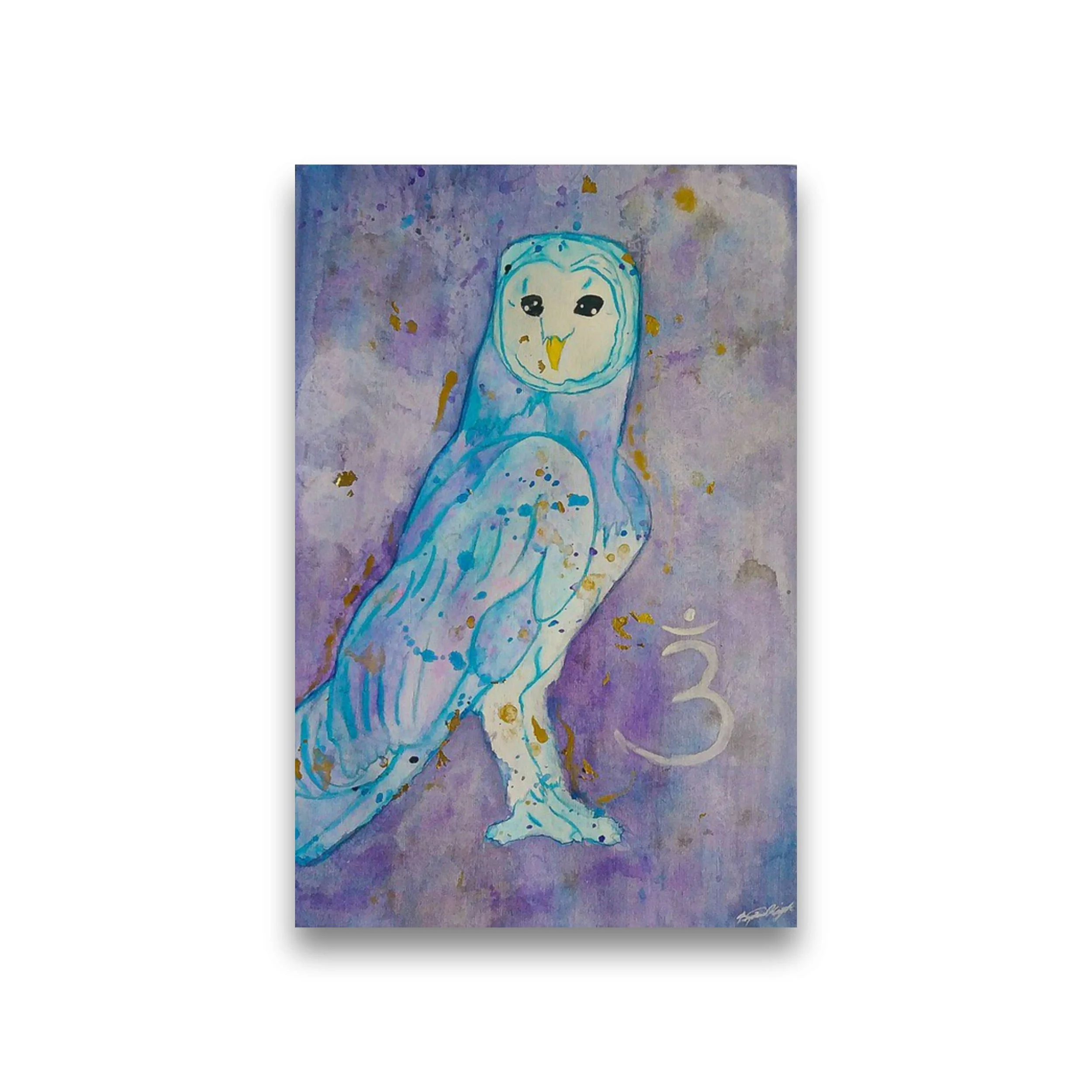 Watercolor painting of a stylized owl in blue hues on a purple background with a spiritual symbol.