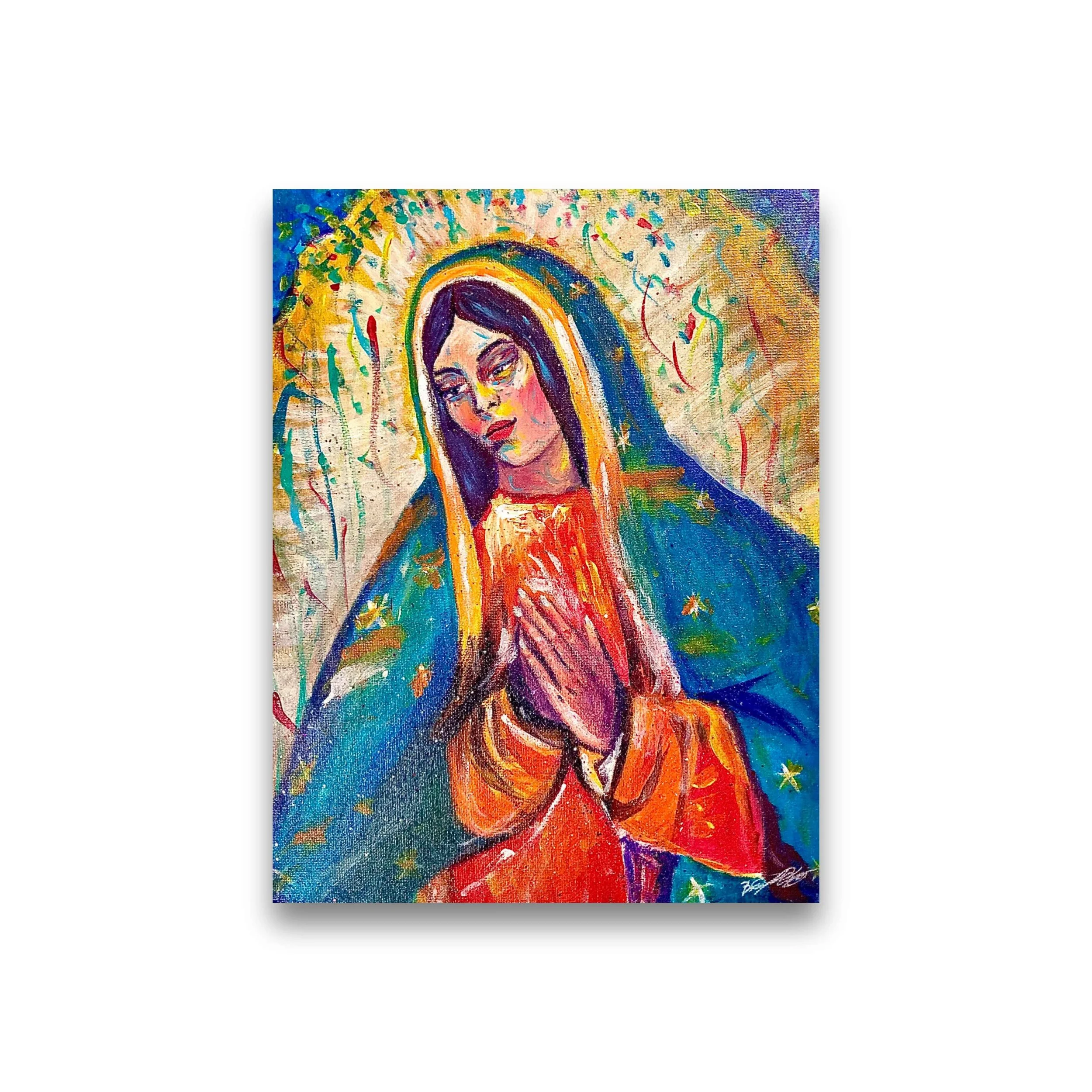 Colorful painting of a religious figure with hands clasped in prayer, wearing a blue mantle with stars and colorful background.