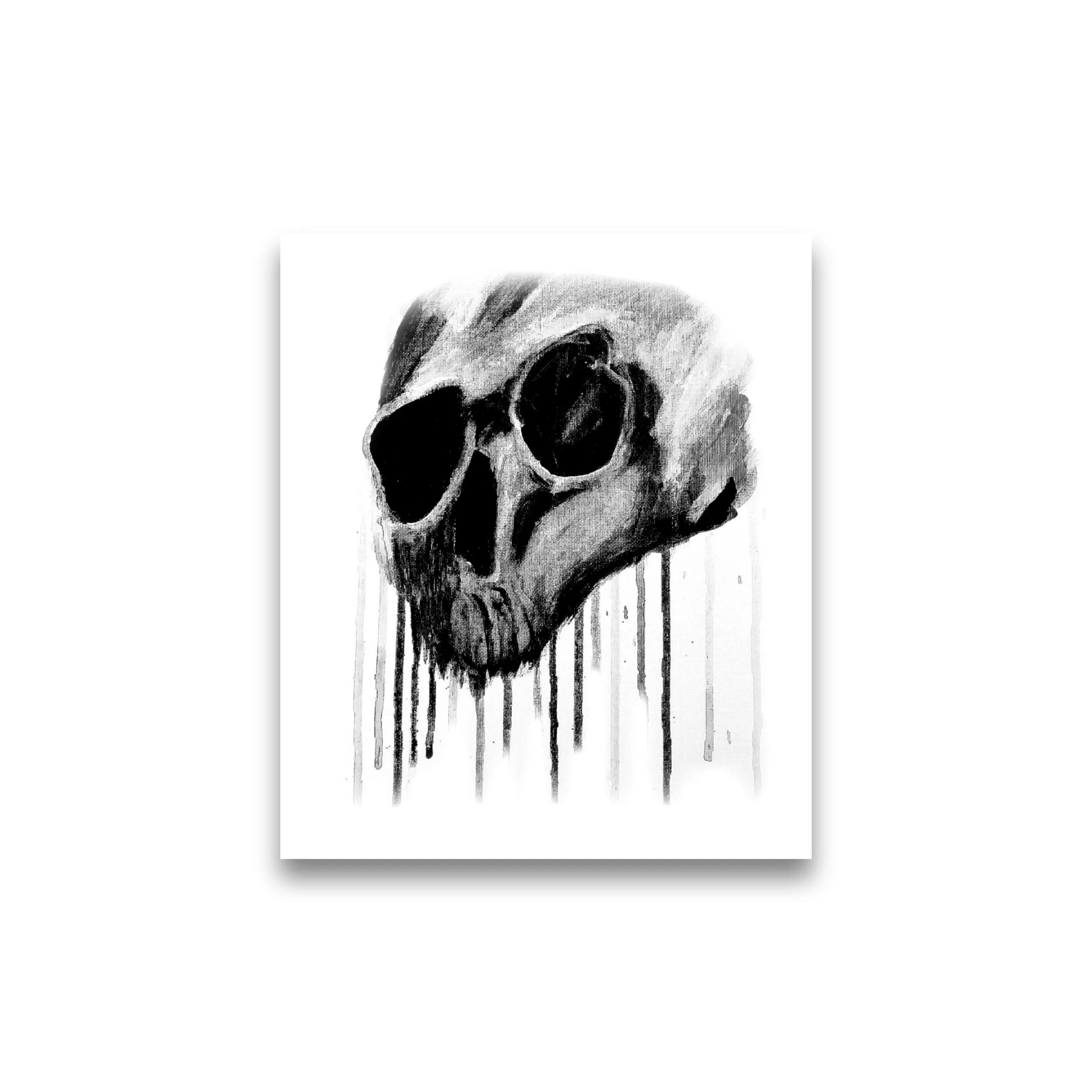 Abstract painting of a skull with black paint drips