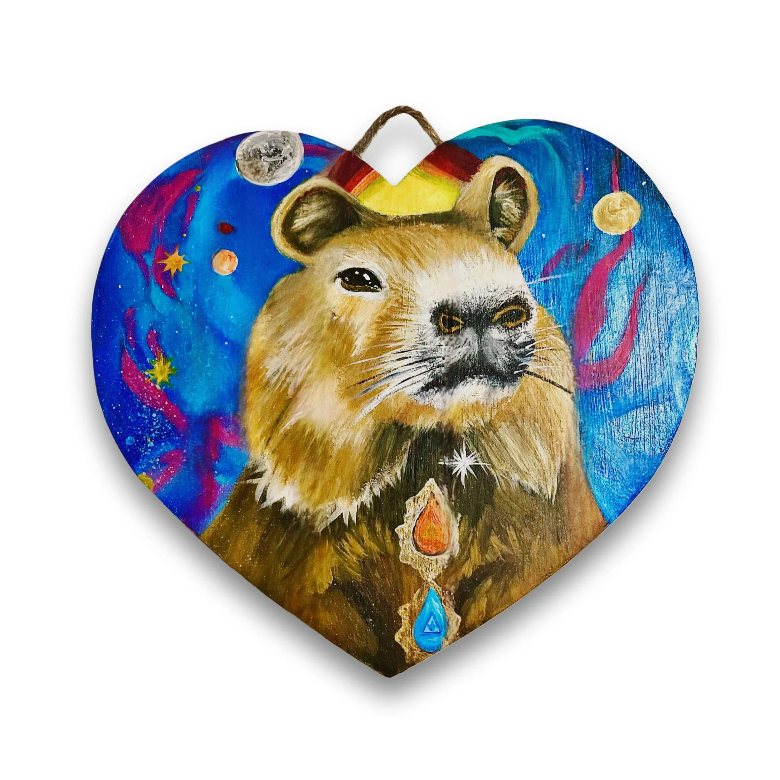 Heart-shaped painting featuring a capybara with a cosmic background of stars, planets, and a moon, with colorful abstract details.
