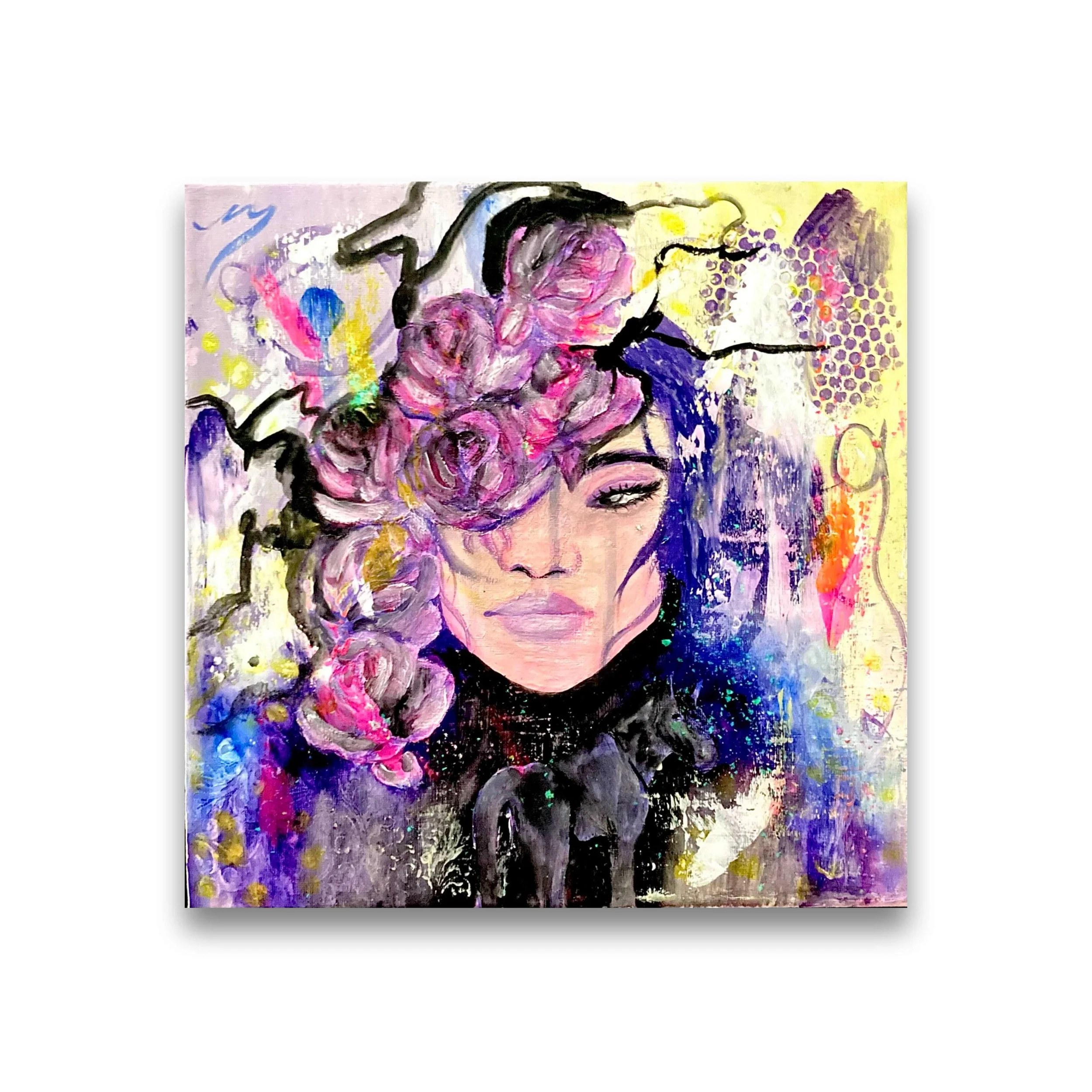 Abstract painting of a woman's face with purple flowers and colorful background