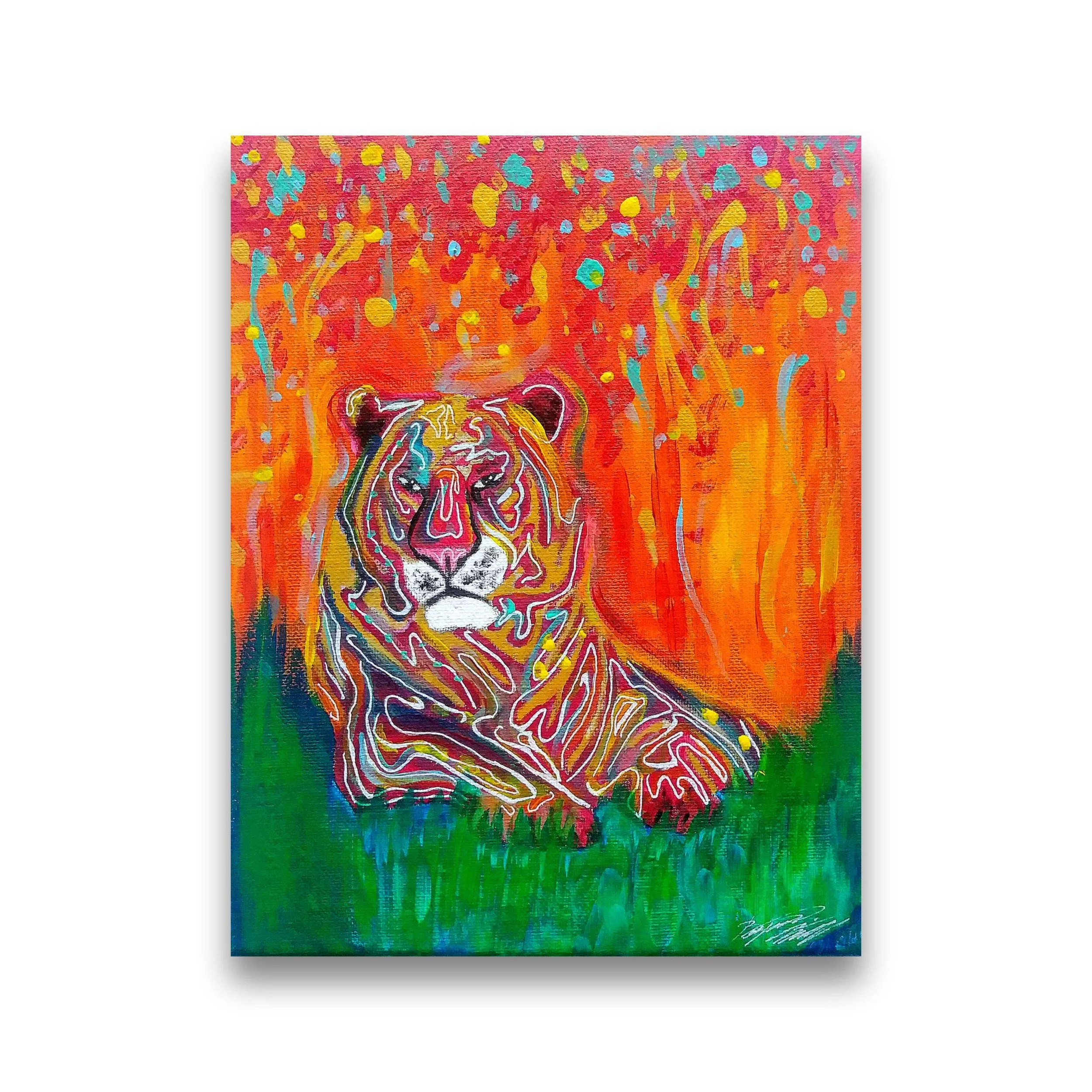 Abstract painting of a tiger with vibrant colors