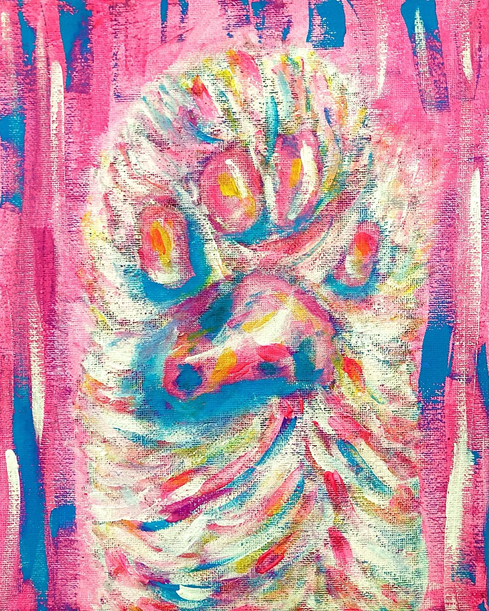 Abstract painting of a cat's paw with bright colors including pink, blue, and yellow on a pink background.