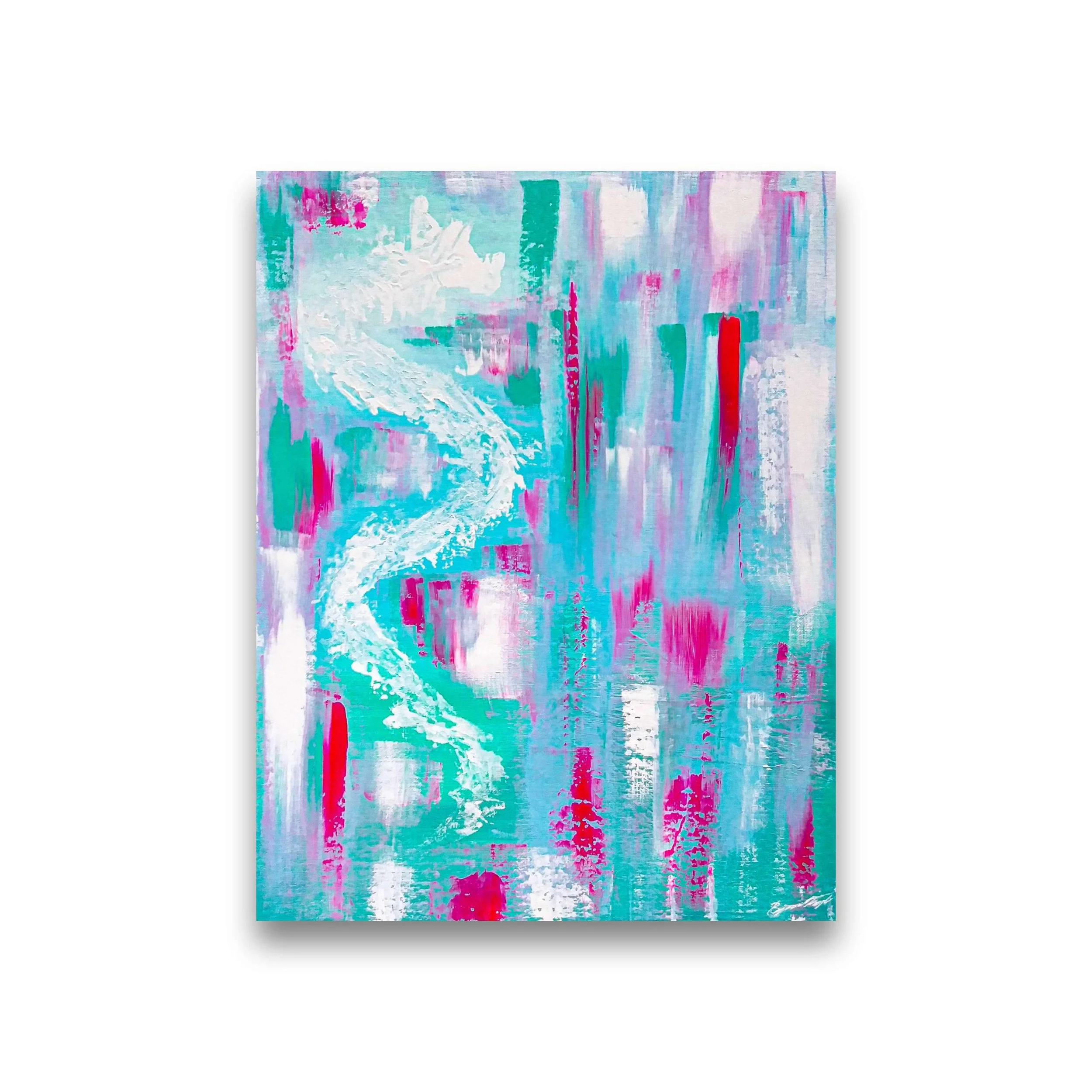 Abstract painting with vibrant turquoise, pink, white, and red brushstrokes.