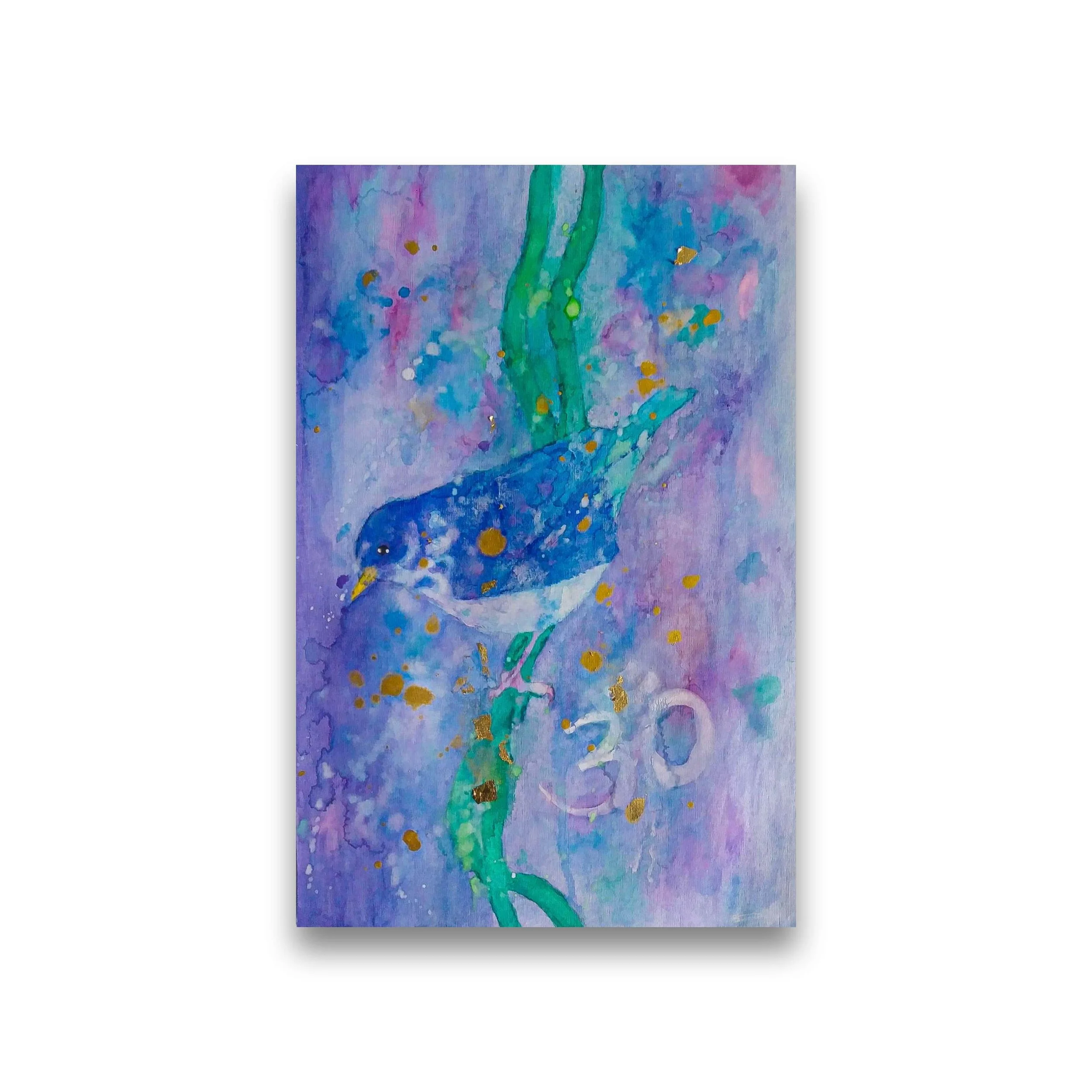 Colorful abstract painting of a bird on a textured background with green, blue, and purple hues, featuring golden accents and the number '30' visible.