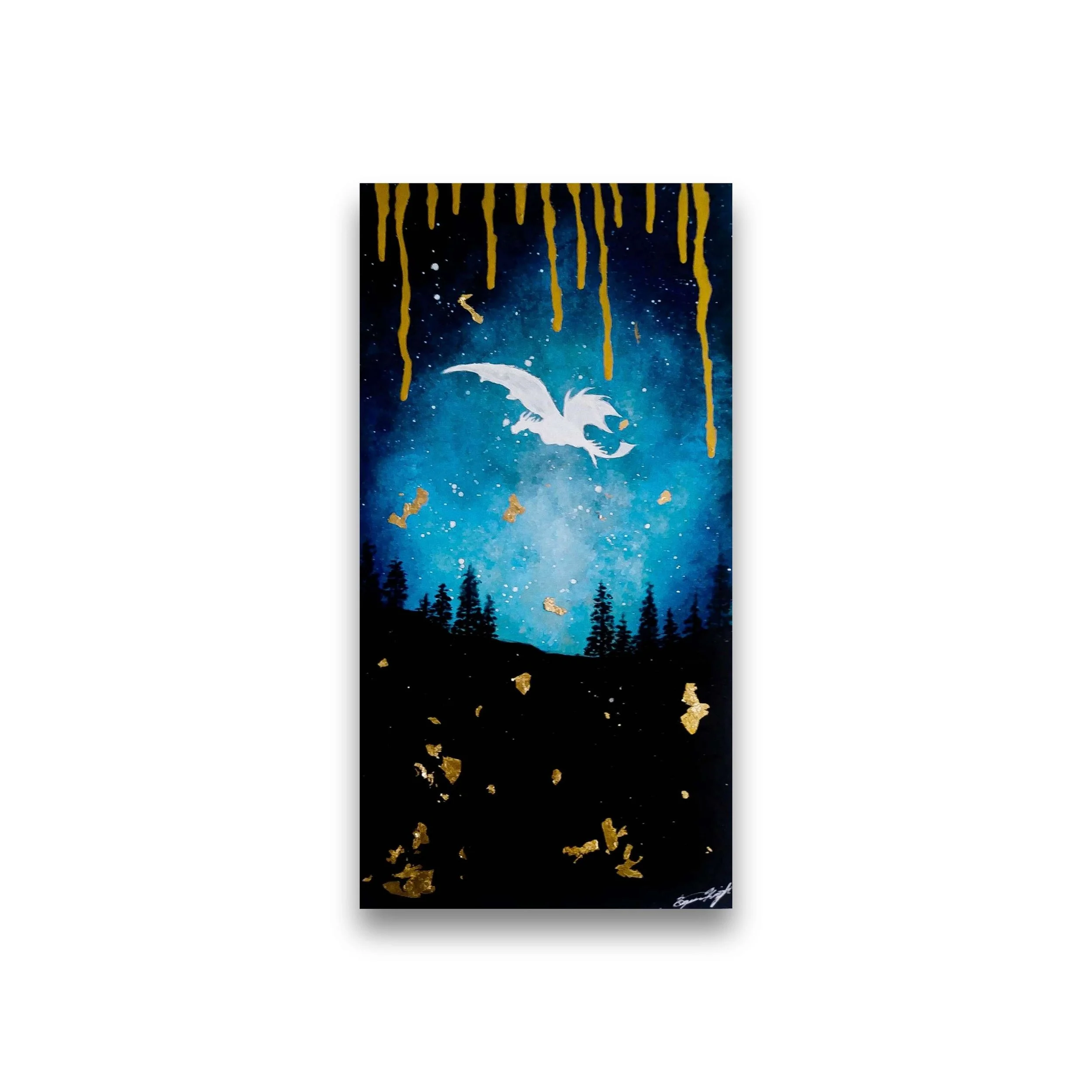 Silhouette of a dragon flying above a dark forest with a starry night sky backdrop and gold elements.
