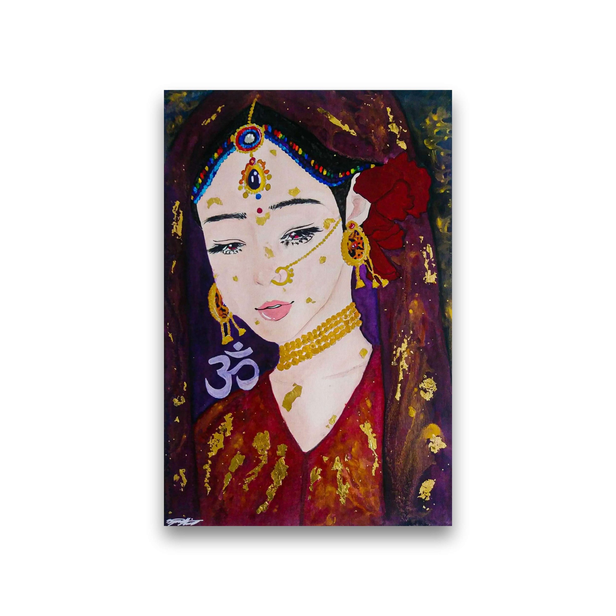 Painting of a woman in traditional attire, adorned with jewelry, showing a serene expression. The painting includes the Om symbol on the left side, with gold accents and a rich color palette.
