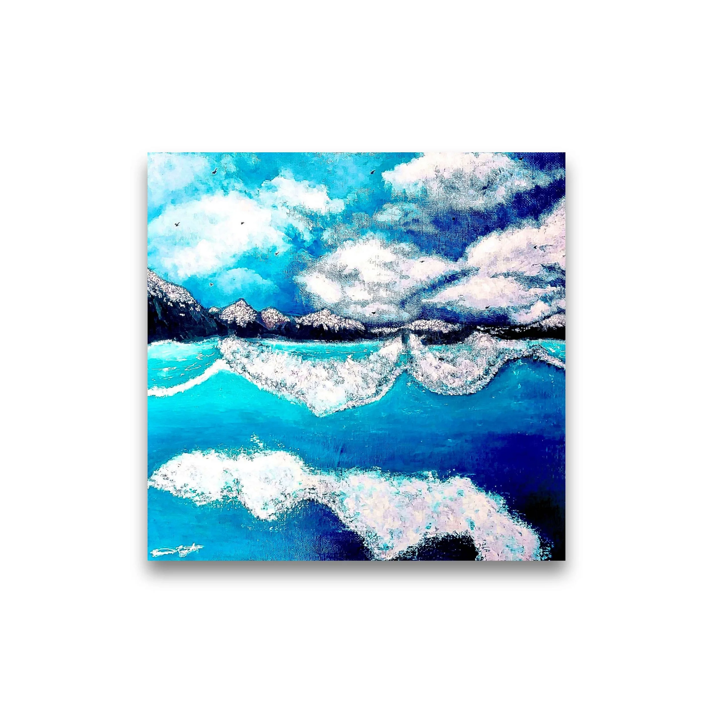 Abstract painting of ocean waves and mountains under a blue sky with clouds.