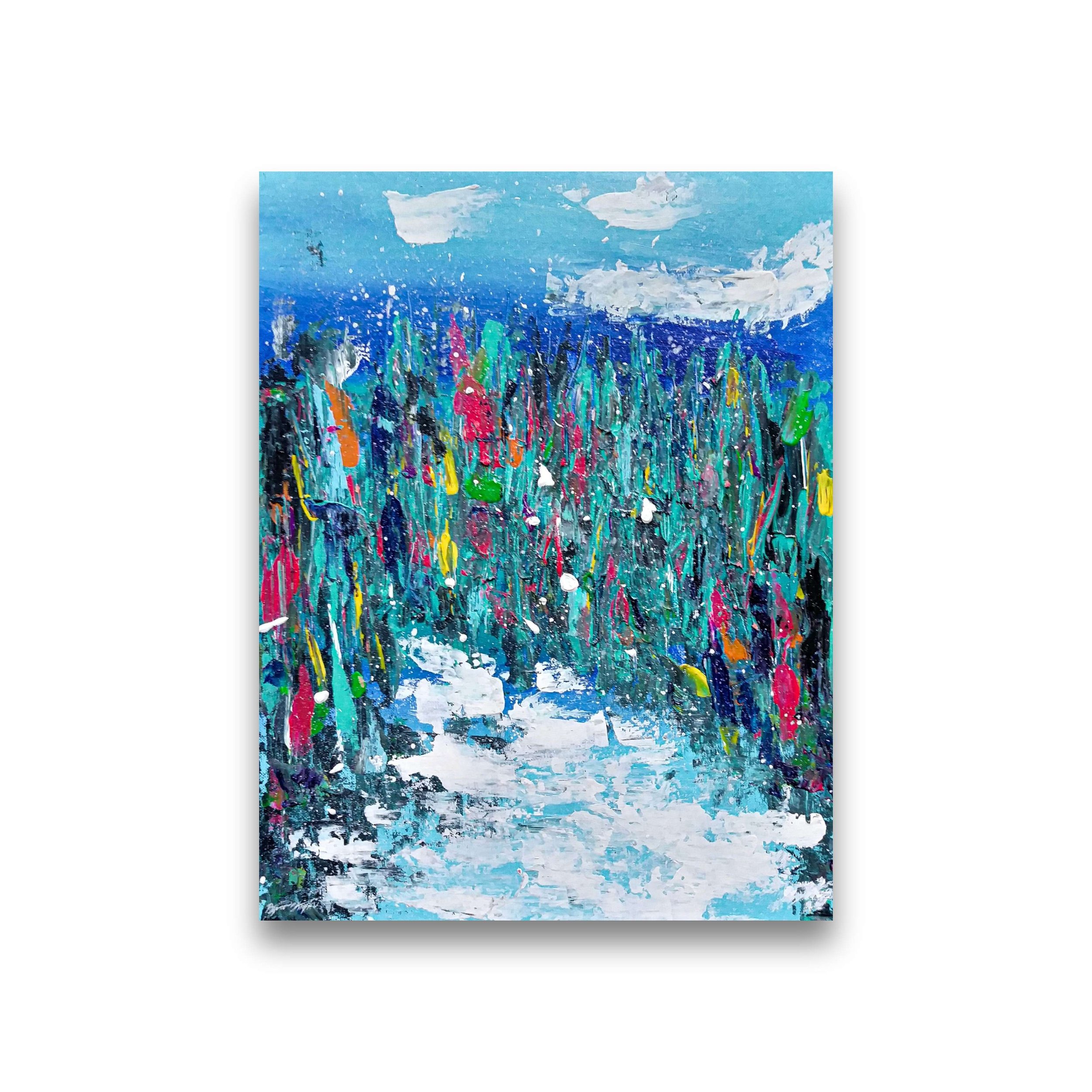 Abstract painting with vibrant colors, depicting a winter landscape with snow, trees, and a blue sky with clouds.