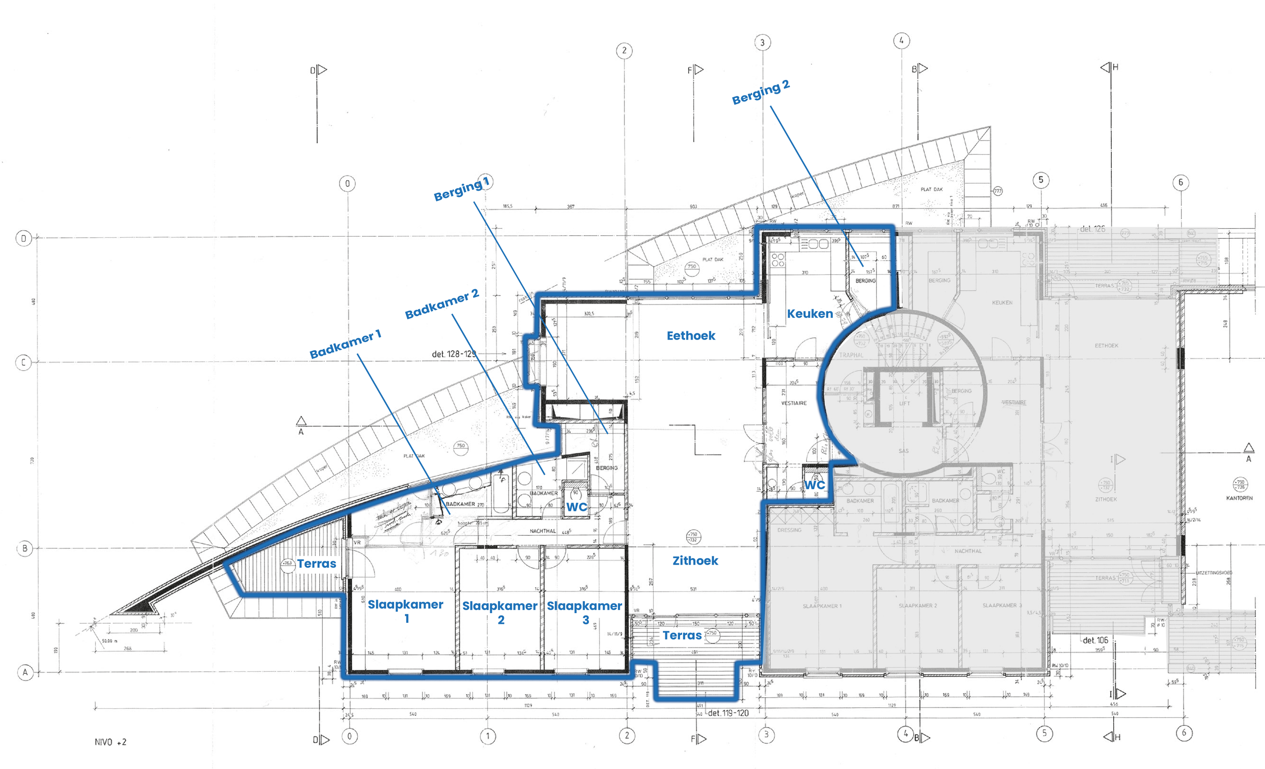 Slaapkamer 1, slaapkamer 2, slaapkamer 3, badkamer 1, badkamer 2, terras, eetkamer, keuken, zithoek, WC, berging 1, berging 2, architektonisch bouwplan van een huis.