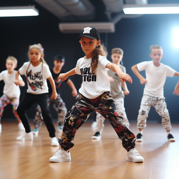 Group of children in a dance class performing hip-hop moves on a wooden floor, wearing casual streetwear and caps.