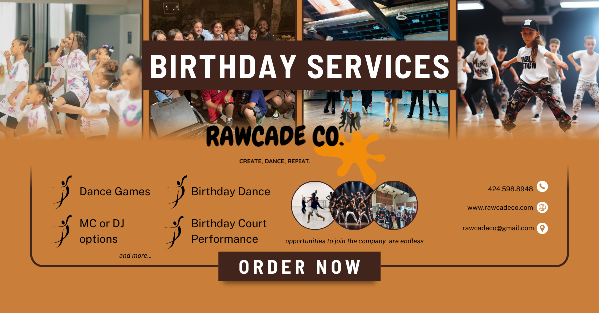 A promotional flyer for Rawcade Co. birthday services featuring children dancing, performing, and participating in dance games at a birthday party venue.