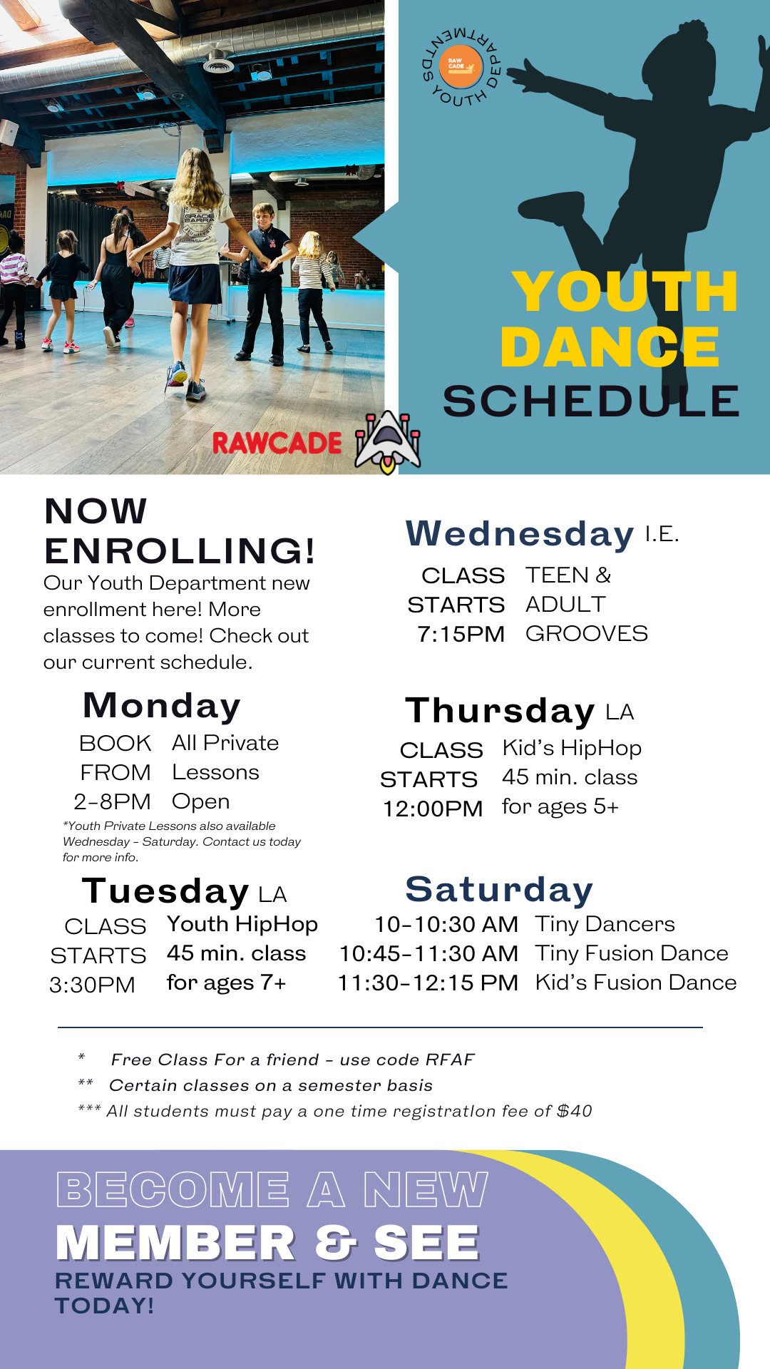 Flyer for youth dance schedule with photo of children in a dance class, schedule details, and enrollment information. Offers private lessons, hip-hop, and fusion dance for various age groups. Includes a promotional offer for new members.