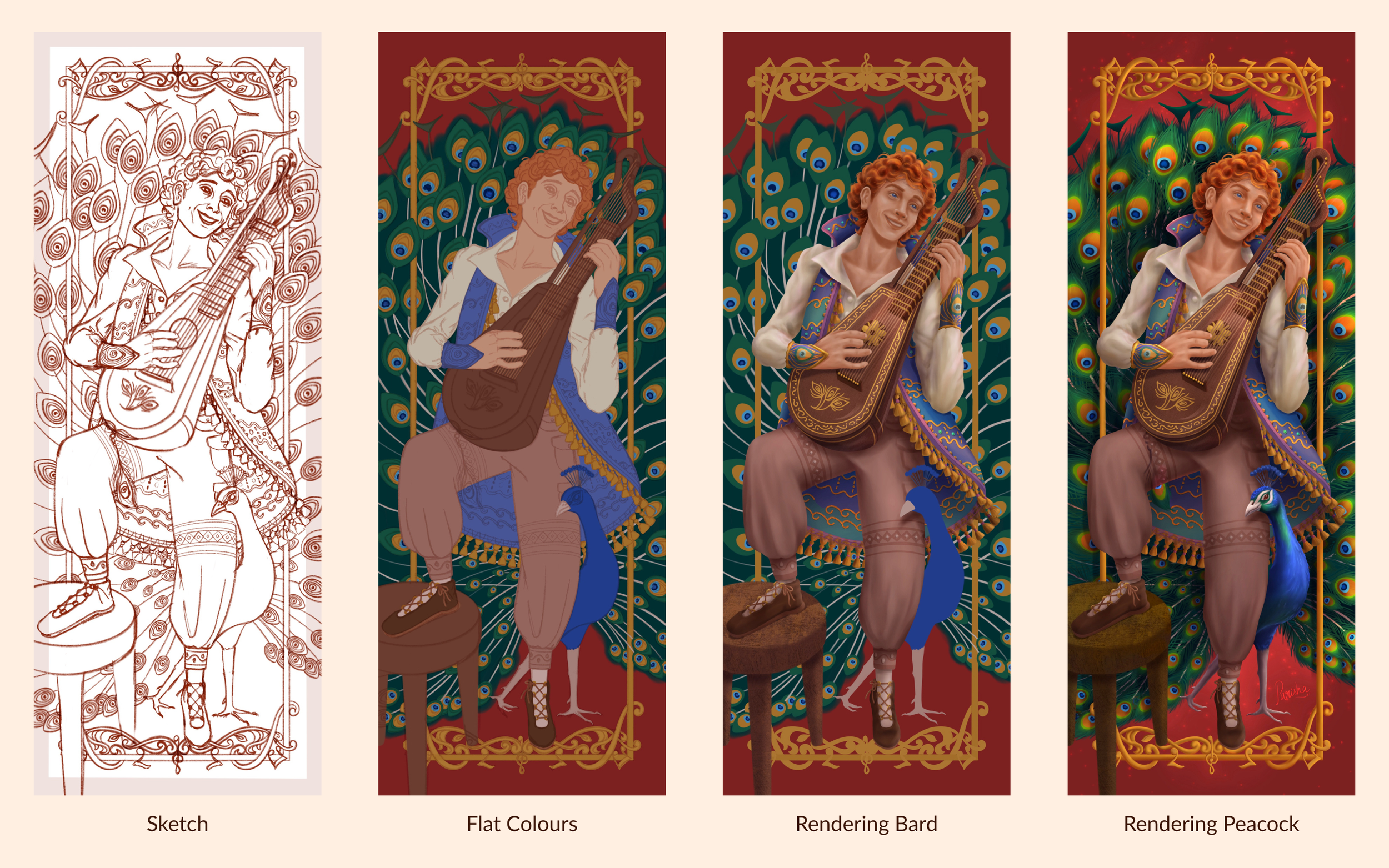 Bard character and companion peacock illustration