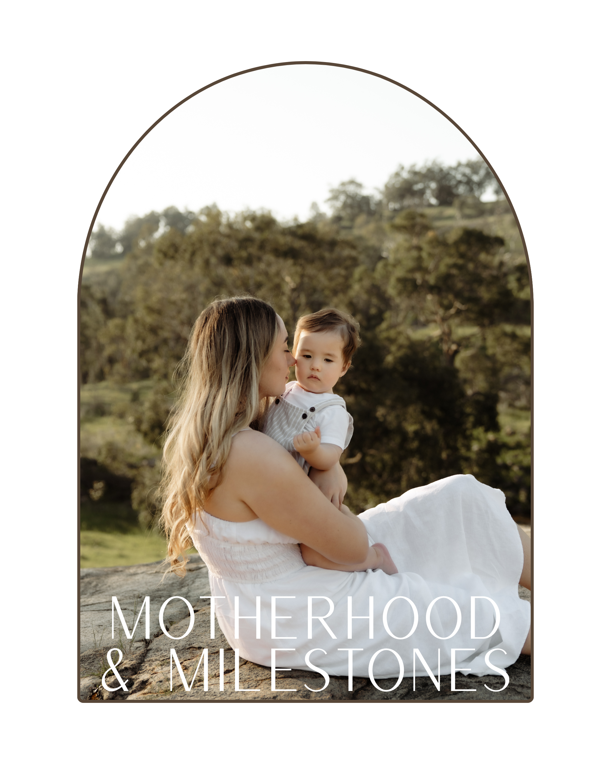 Mother holding a young child outdoors with trees in the background, sunlight, and text "Motherhood & Milestones" at the bottom.