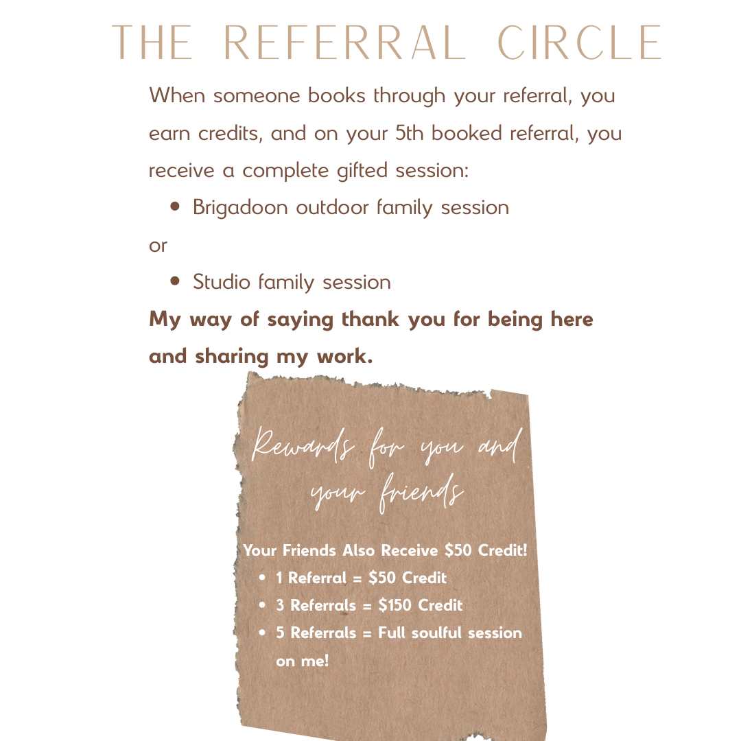 A flyer with a promotional offer for rewards, featuring a torn paper design. It states that friends will receive a $50 credit for referrals: 1 referral for $50, 3 referrals for $150, and 5 referrals for a full soulful session.