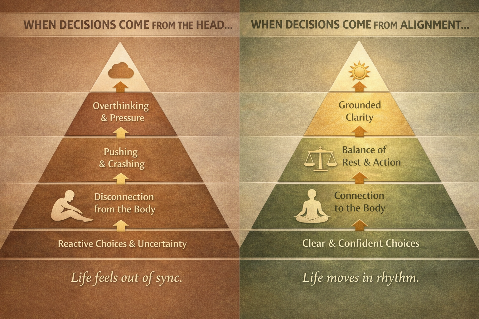 Comparison of two pyramids: the left pyramid shows negative states with layers labeled from bottom to top: 'Reactive Choices & Uncertainty', 'Disconnection from the Body', 'Pushing & Crashing', 'Overthinking & Pressure,' topped with a cloud; the right pyramid shows positive states with layers labeled from bottom to top: 'Clear & Confident Choices', 'Connection to the Body', 'Balance of Rest & Action', 'Grounded Clarity,' topped with a sun. The left side suggests life feels out of sync, while the right side indicates life moves in rhythm.