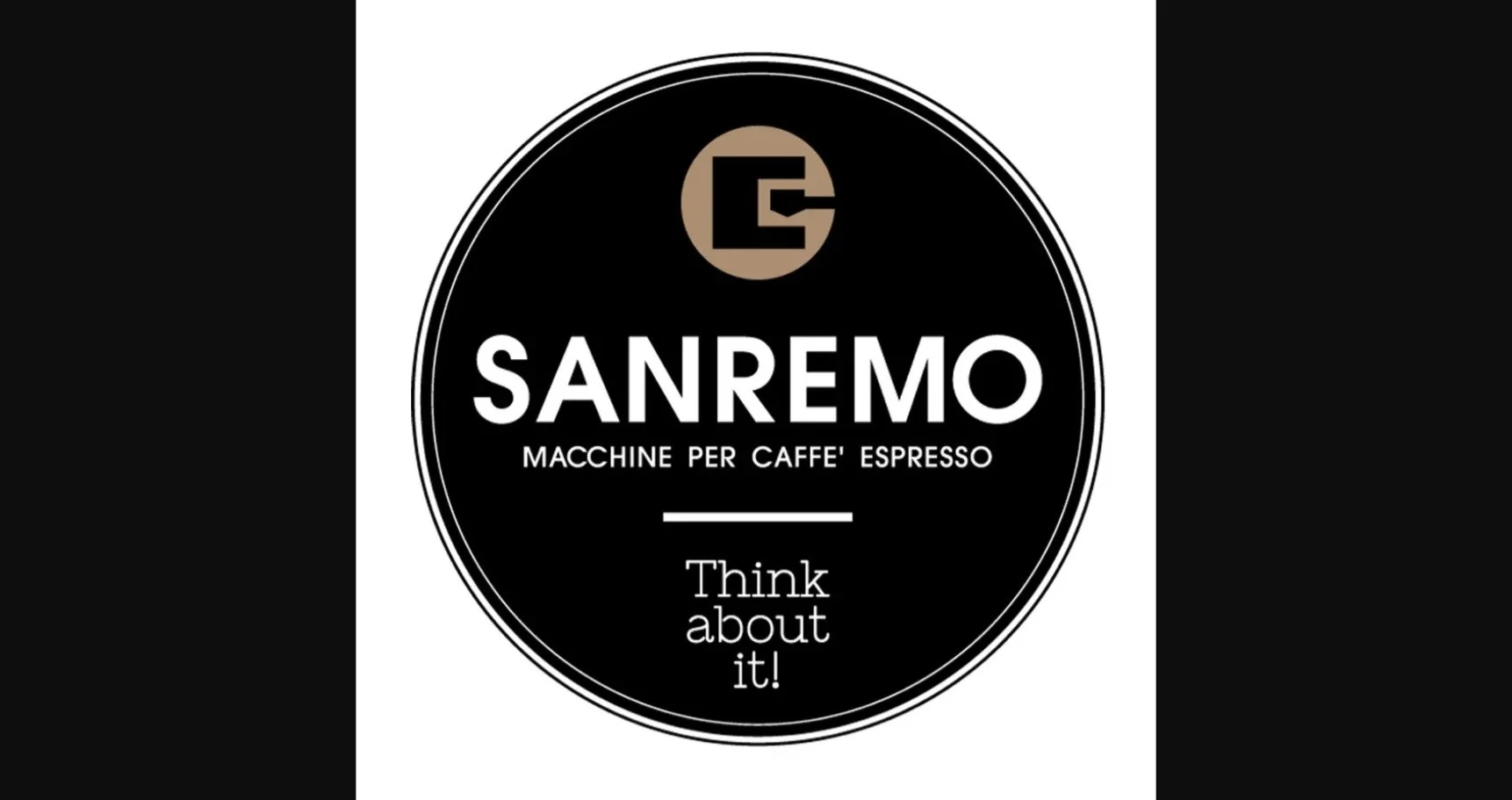 Black circular logo with white text and a gold emblem at the top, promoting Sanremo espresso machine, with the slogan 'Think about it!'