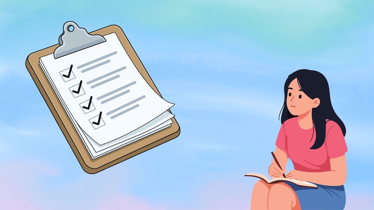 What is a Habit Tracker blog post image with woman looking at a checklist