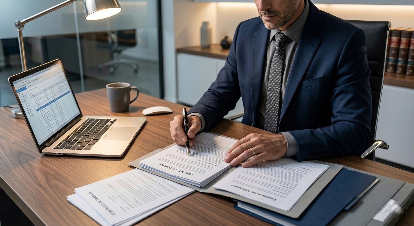 Manos de un abogado experto revisando y señalando un contrato de trabajo detallado sobre un escritorio de madera bien organizado, con un ordenador portátil y pilas de documentos legales a la mano.