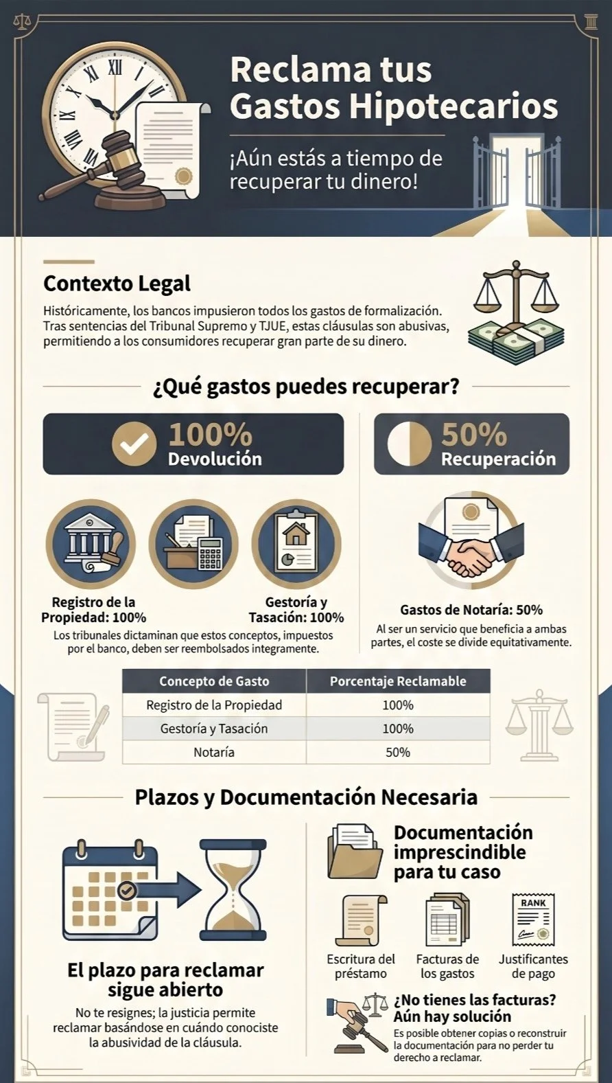 Infografía visual que resume cómo reclamar los gastos de una hipoteca.