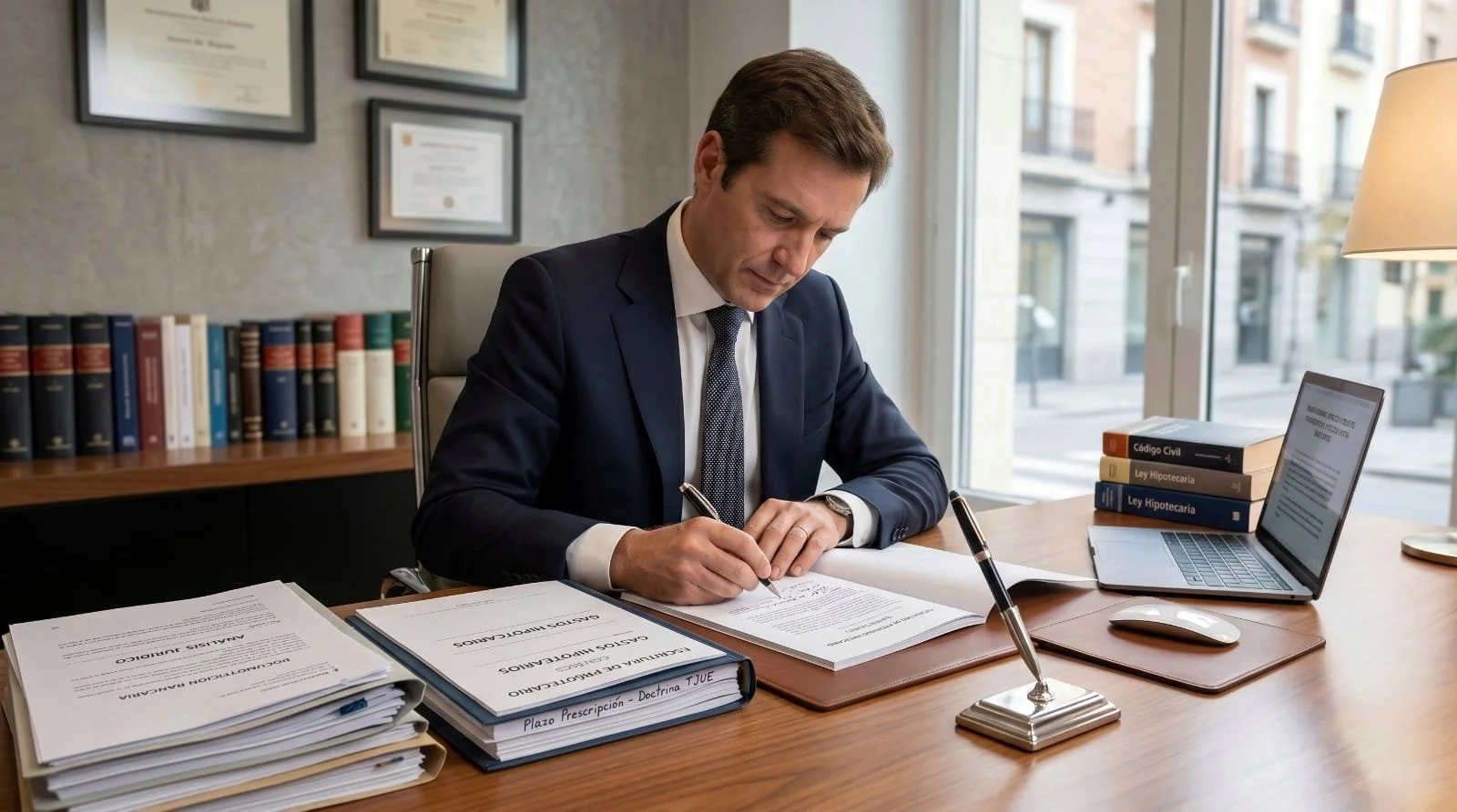 Un abogado revisando una escritura hipotecaria y documentación bancaria en un despacho profesional para asesorar a su cliente.