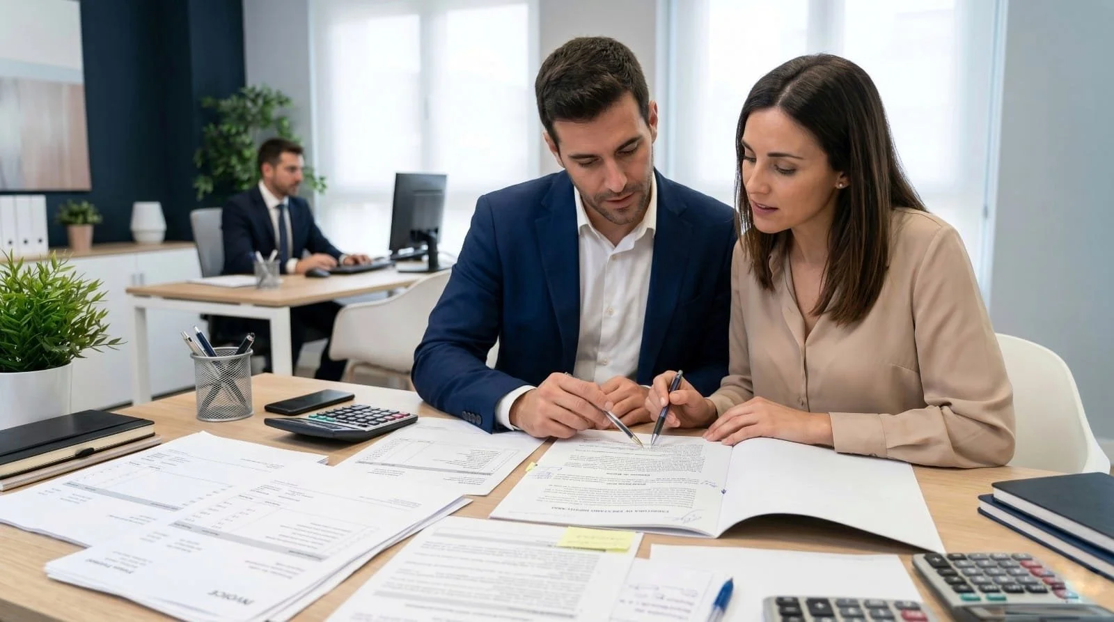 Una pareja revisa detenidamente los documentos y facturas de su hipoteca frente a un representante bancario en una oficina.