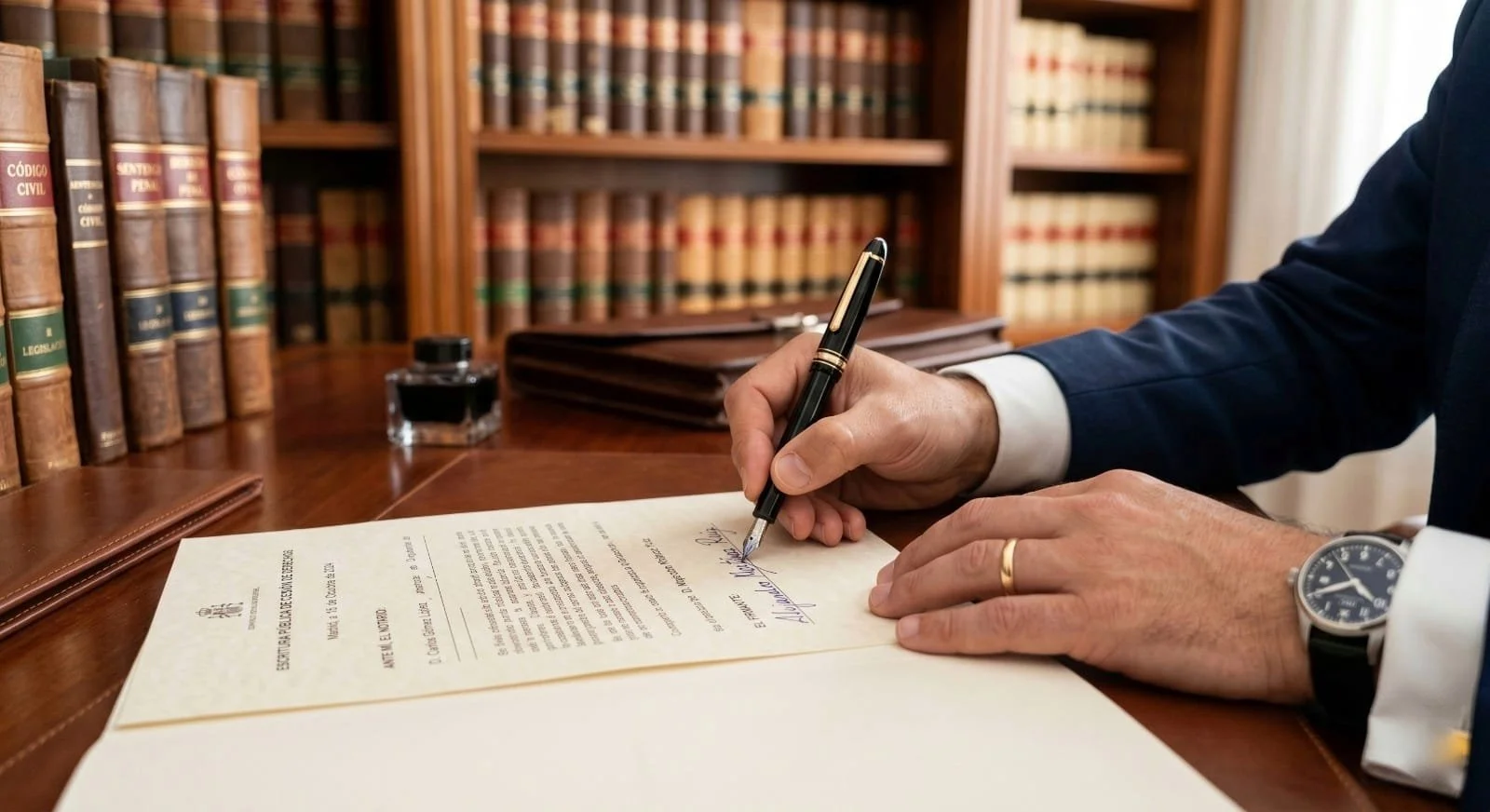 Primer plano de manos firmando un acuerdo legal con una pluma estilográfica.