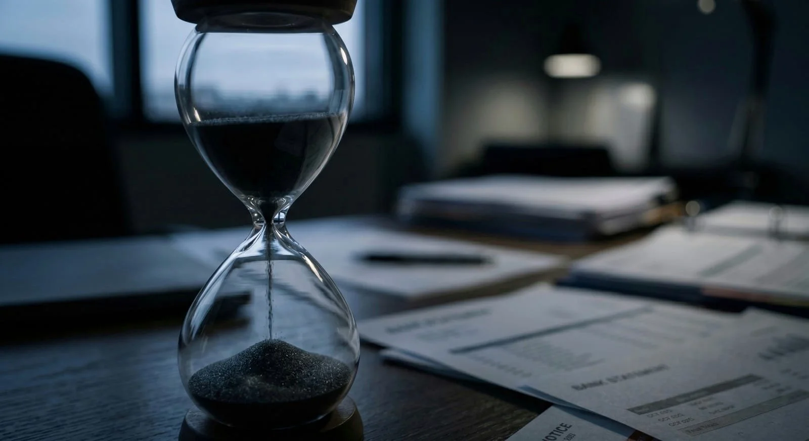 Un reloj de arena de cristal con arena oscura cayendo sobre documentos financieros.