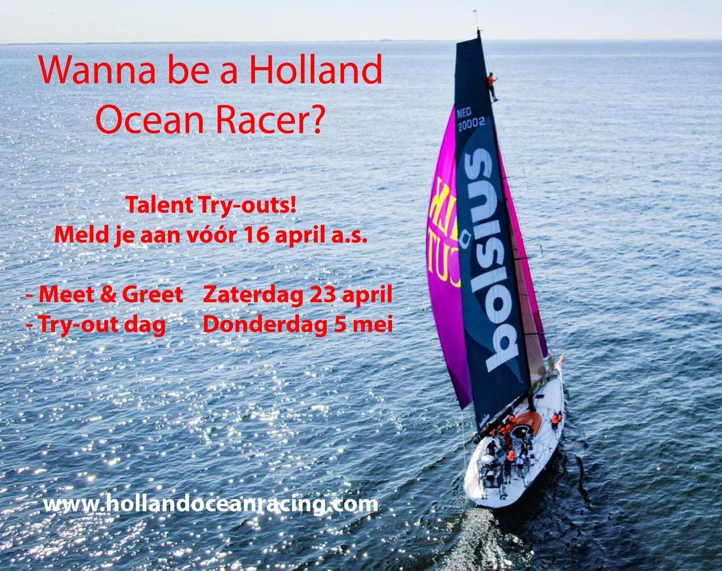 Holland Ocean Racing zoekt getalenteerde zeilers! 
Ben je tussen de 15 &amp; 30 jaar, meld je dan aan en volg de Big Boat opleiding van de Ocean Races Academy.
Aanmelden kan tot en met vrijdag 16 april. Zaterdag 23 april is een Meet &amp; Greet in on