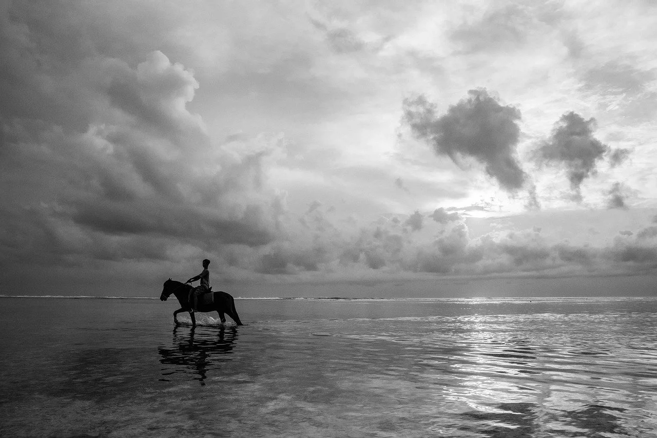 A person riding a horse through shallow water at the beach during sunset or sunrise with a cloudy sky.