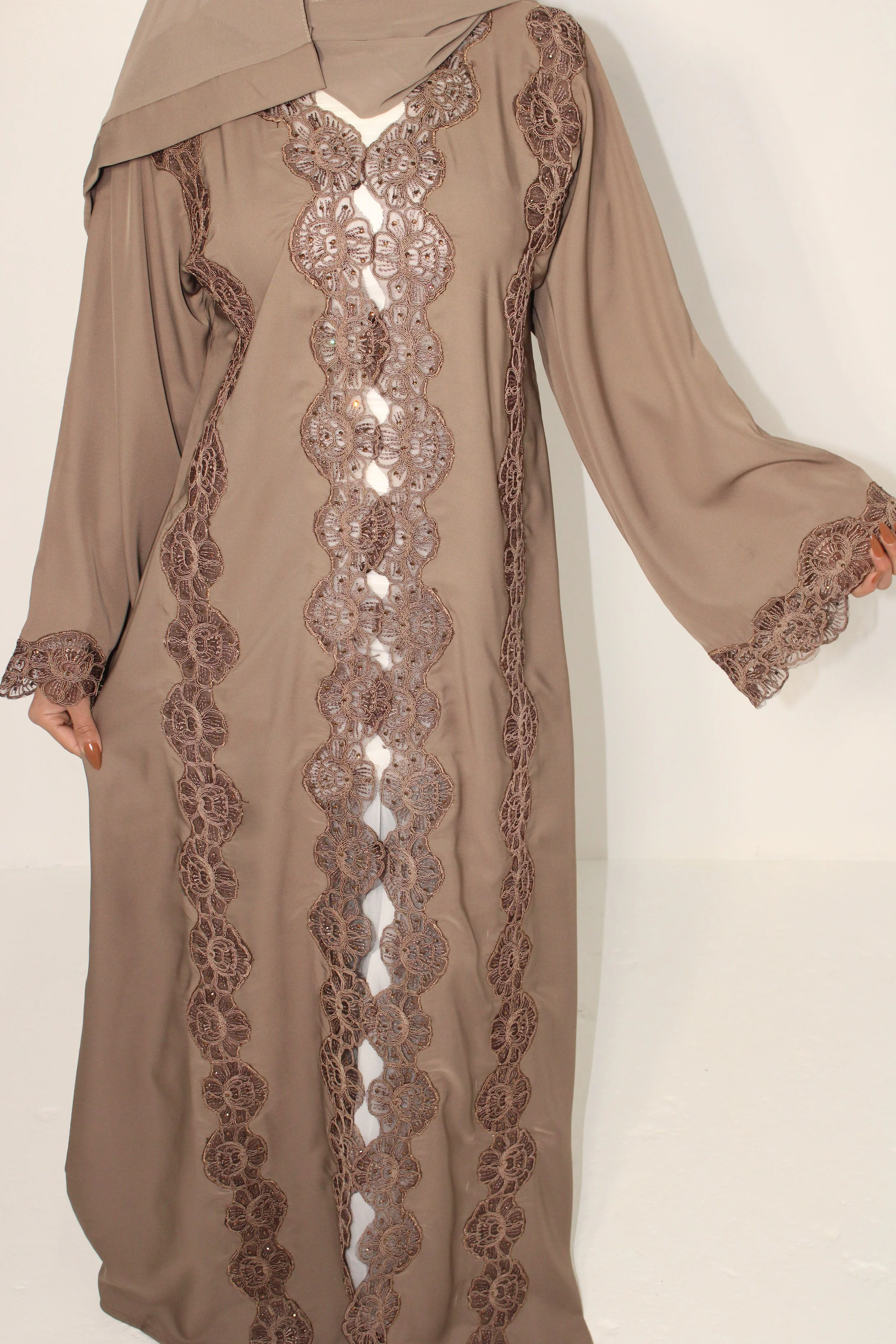 Gem-Embellished Beige Lace