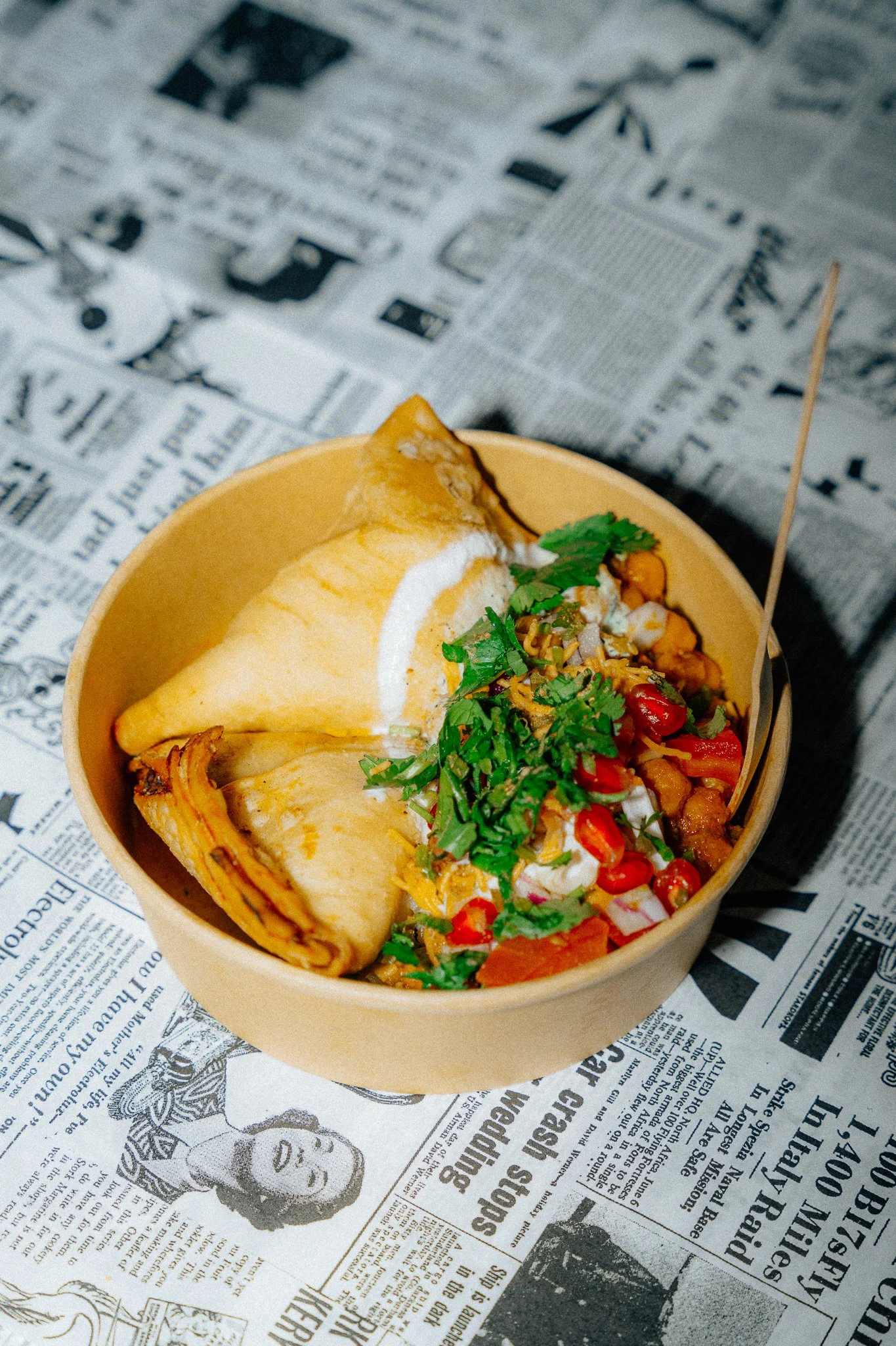 samosa box with chickpeas and pomegranate seeds