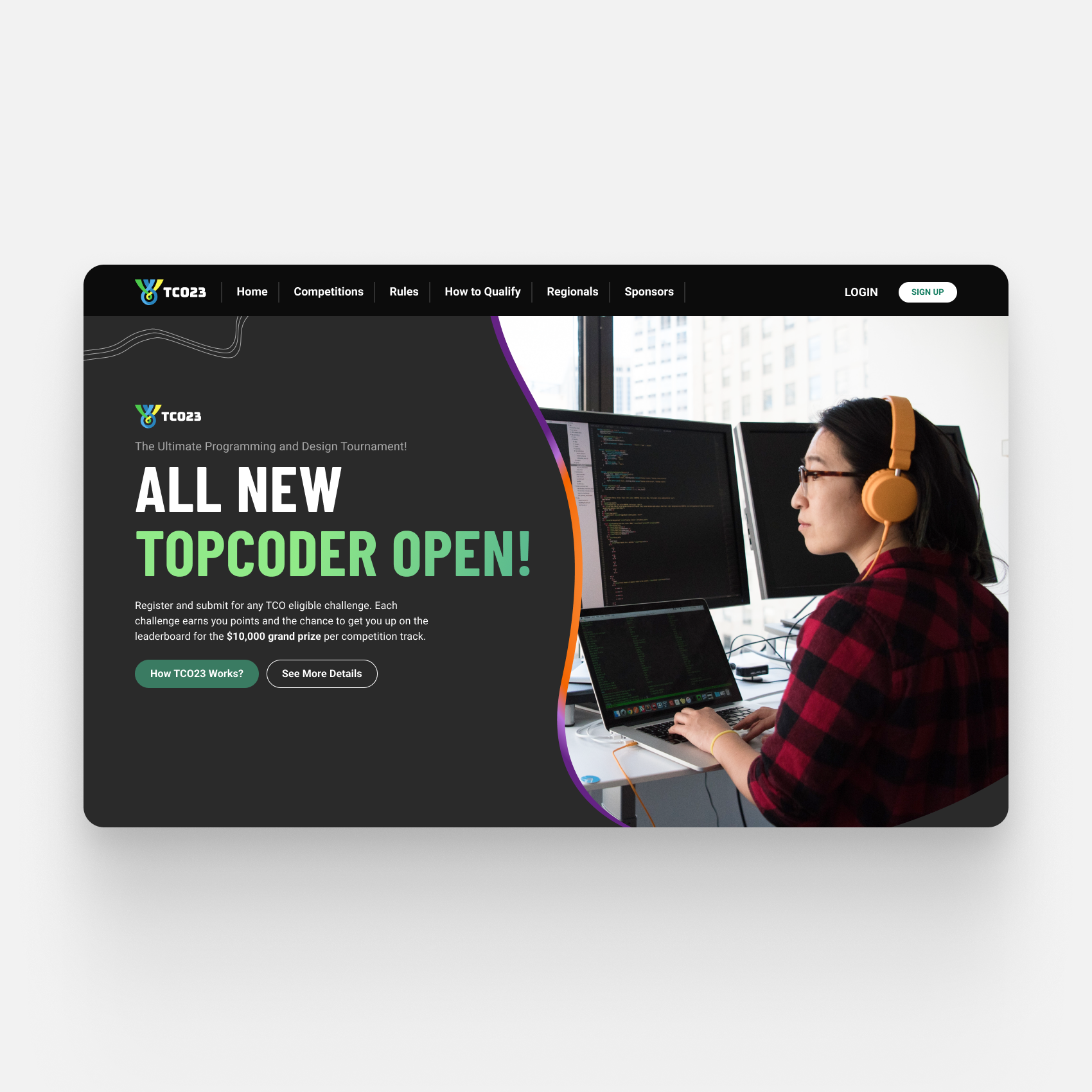 Webpage announcing the opening of a programming and design competition called TCO23, featuring a woman working on code on multiple monitors, with a cityscape visible through the window.