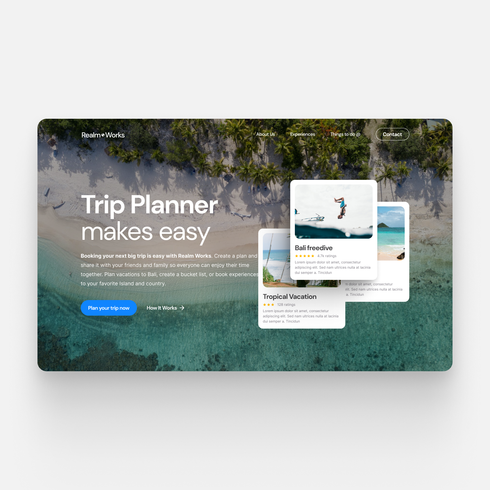 A webpage for a trip planner website, showing a beach with trees from an aerial view. The text reads 'Trip Planner makes easy' with a button labeled 'Plan your trip now' and a link 'How it Works'. There are two featured trips with images: a person do